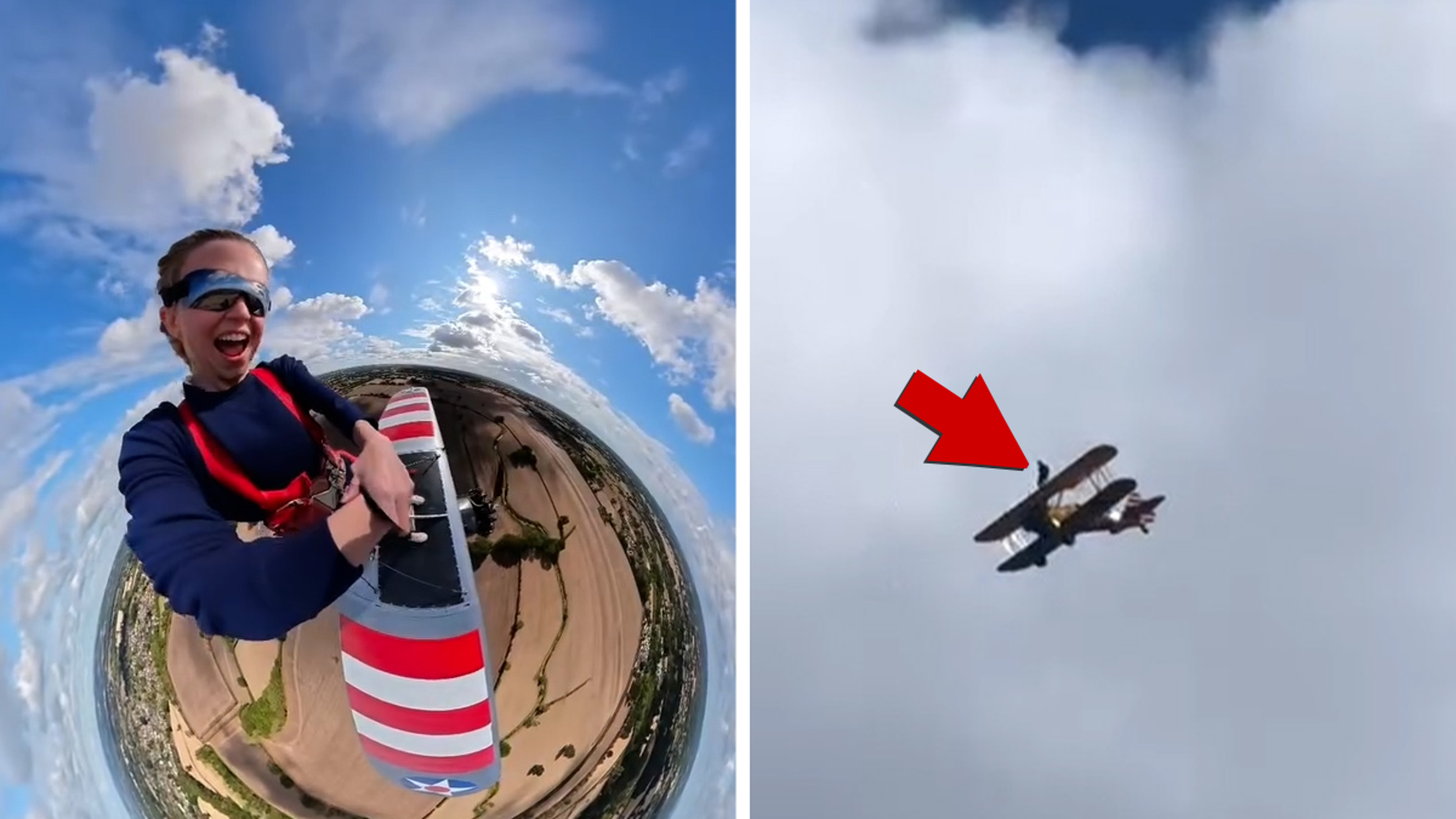 Sydney Sweeney strapped to the top wing of an airplane as it flies upside down