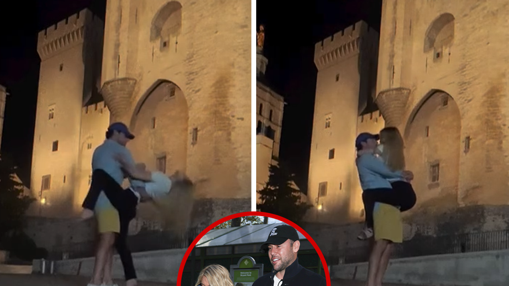 Scooter Braun and Sydney Sweeney during a romantic moment outside a landmark in France