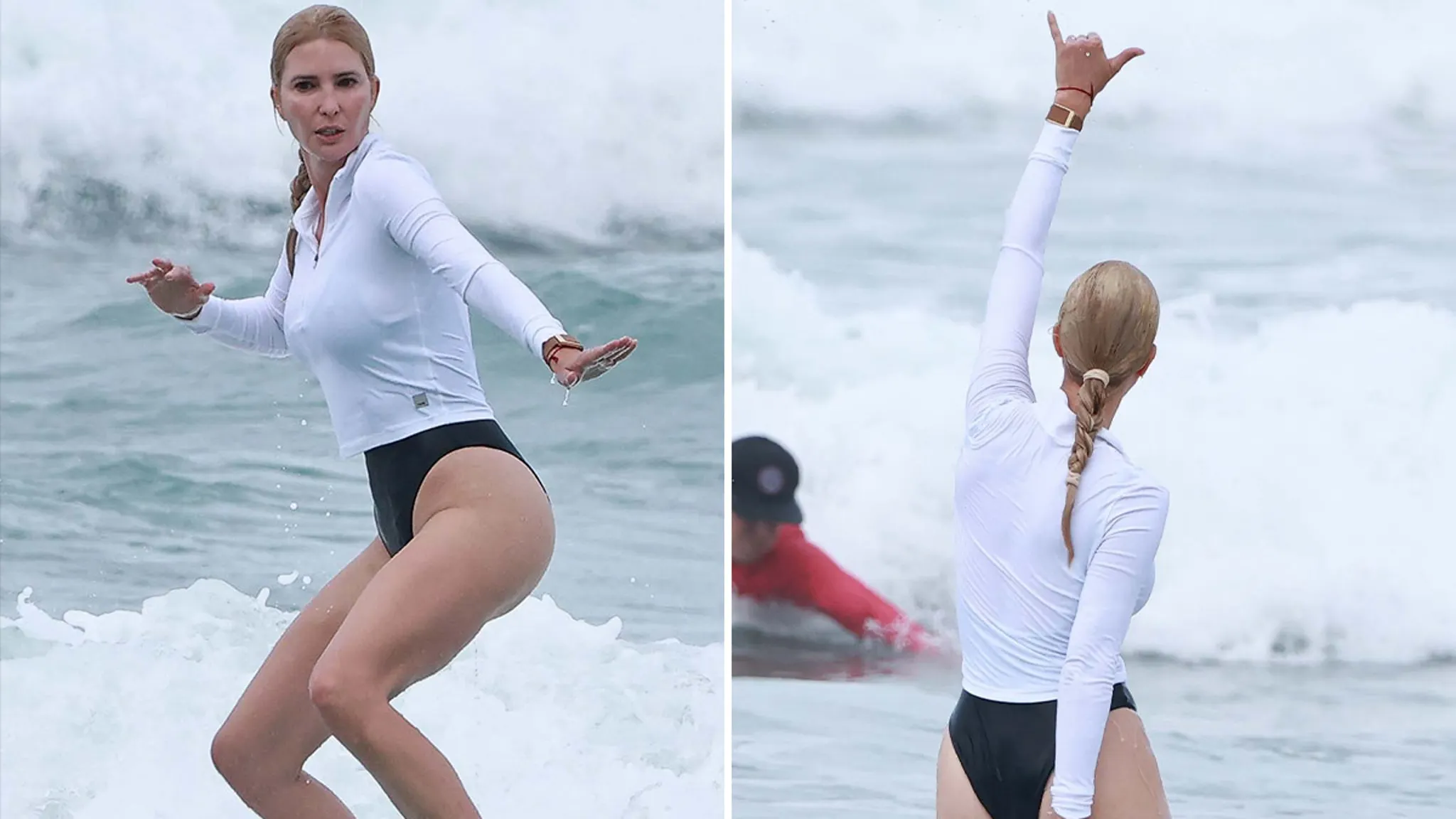 Ivanka Trump riding a wave on a surfboard during a getaway in Costa Rica.