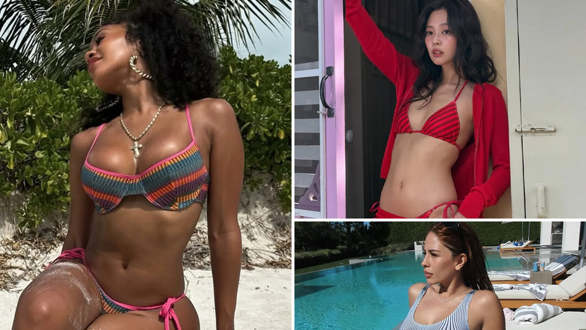 Celebrity summer swimwear trend featuring striped bikinis and swimsuits