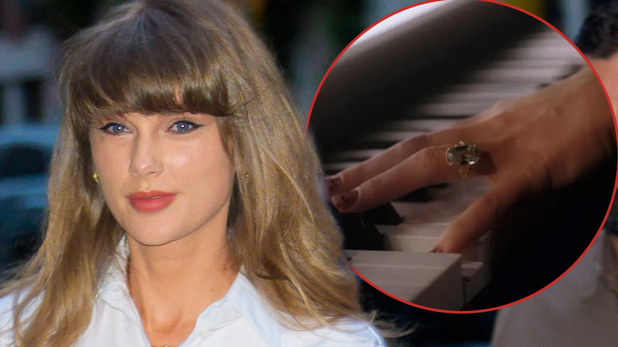 Taylor Swift performing on stage with a visible ring on her hand.
