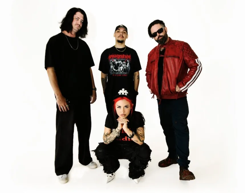 Sara Killboy Skinner on stage with Bad Wolves