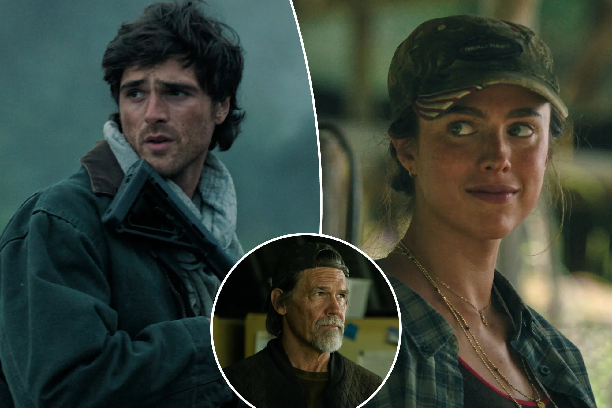 An image collage containing 3 images, Image 1 shows Jacob Elordi holding a rifle in a scene from "The Dog Stars.", Image 2 shows Margaret Qualley in a scene from "The Dog Stars.", Image 3 shows Josh Brolin with a beard a