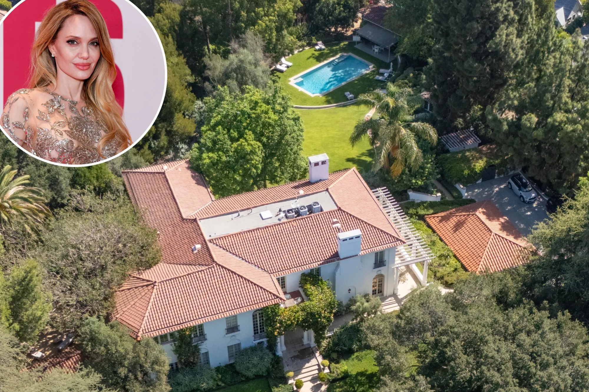 An image collage containing 2 images, Image 1 shows An aerial of the property, located in Los Feliz, Image 2 shows Jolie's property comes with significant Hollywood history
