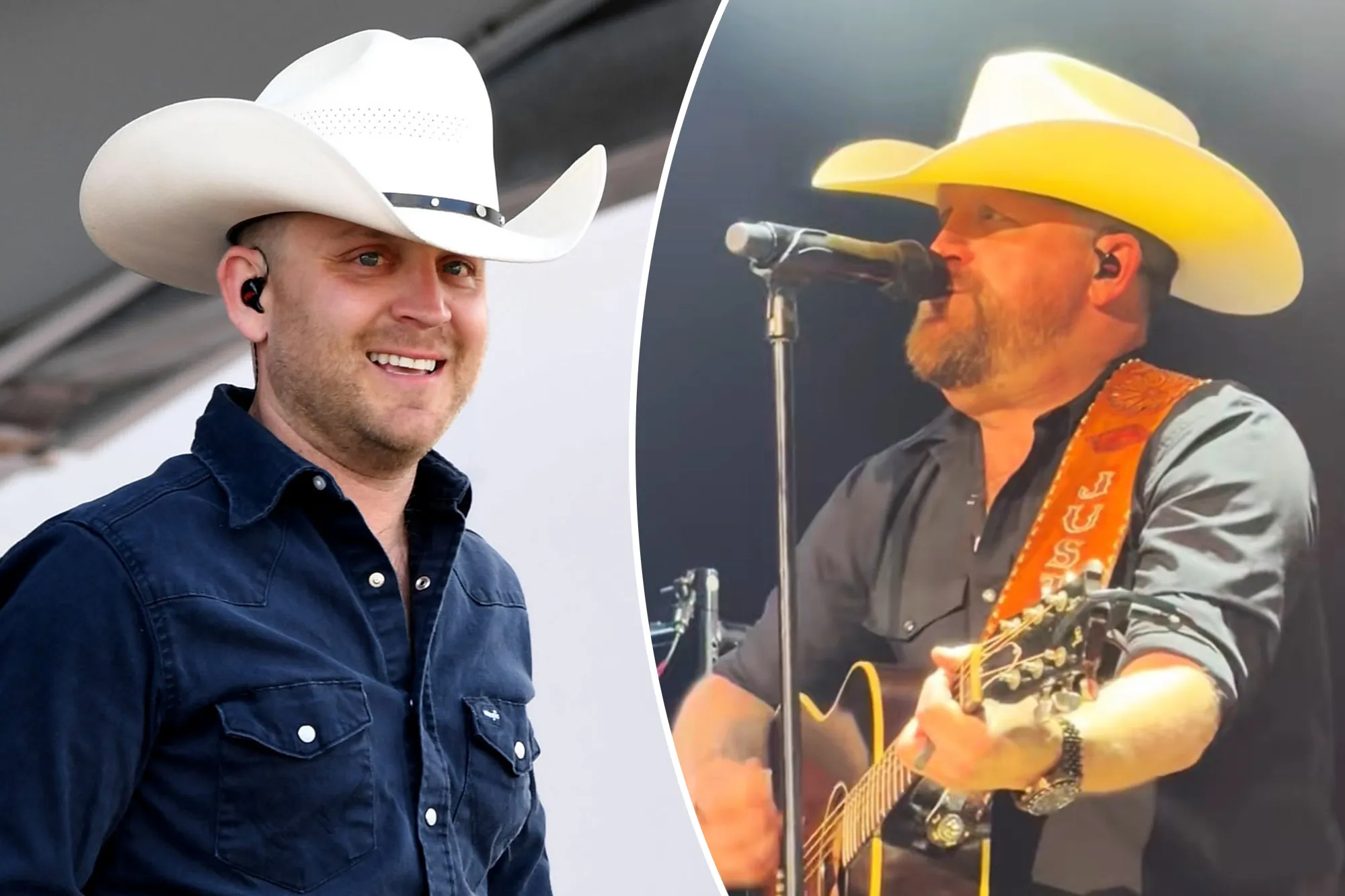 Justin Moore wearing a cowboy hat performing on stage