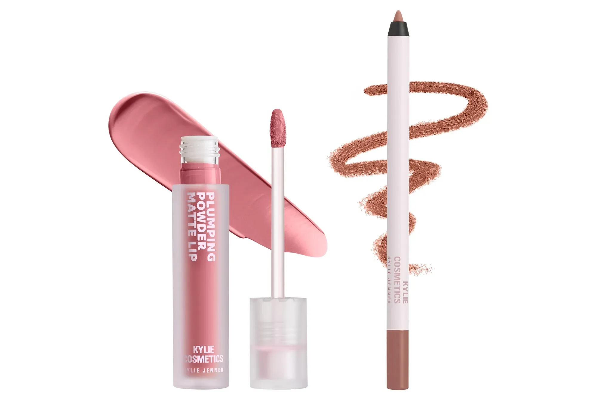 Kylie Cosmetics Plumping Powder Matte Lip and Kylie Cosmetics lip liner with swatches.