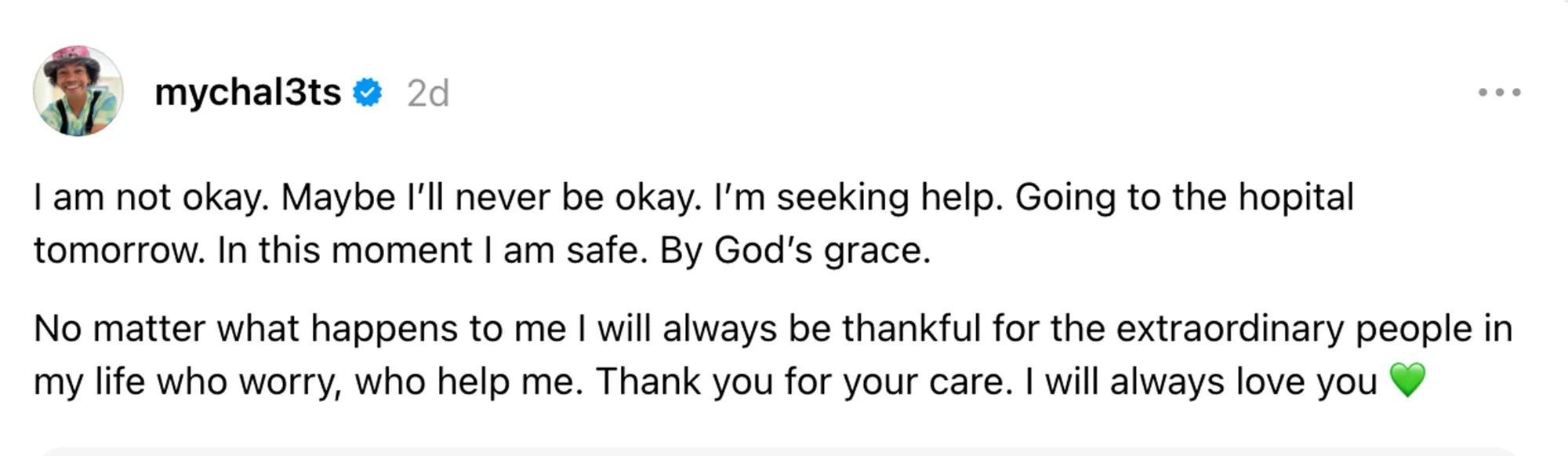 Threets said in his post (pictured here) that he’s “not okay” and may “never be okay.”