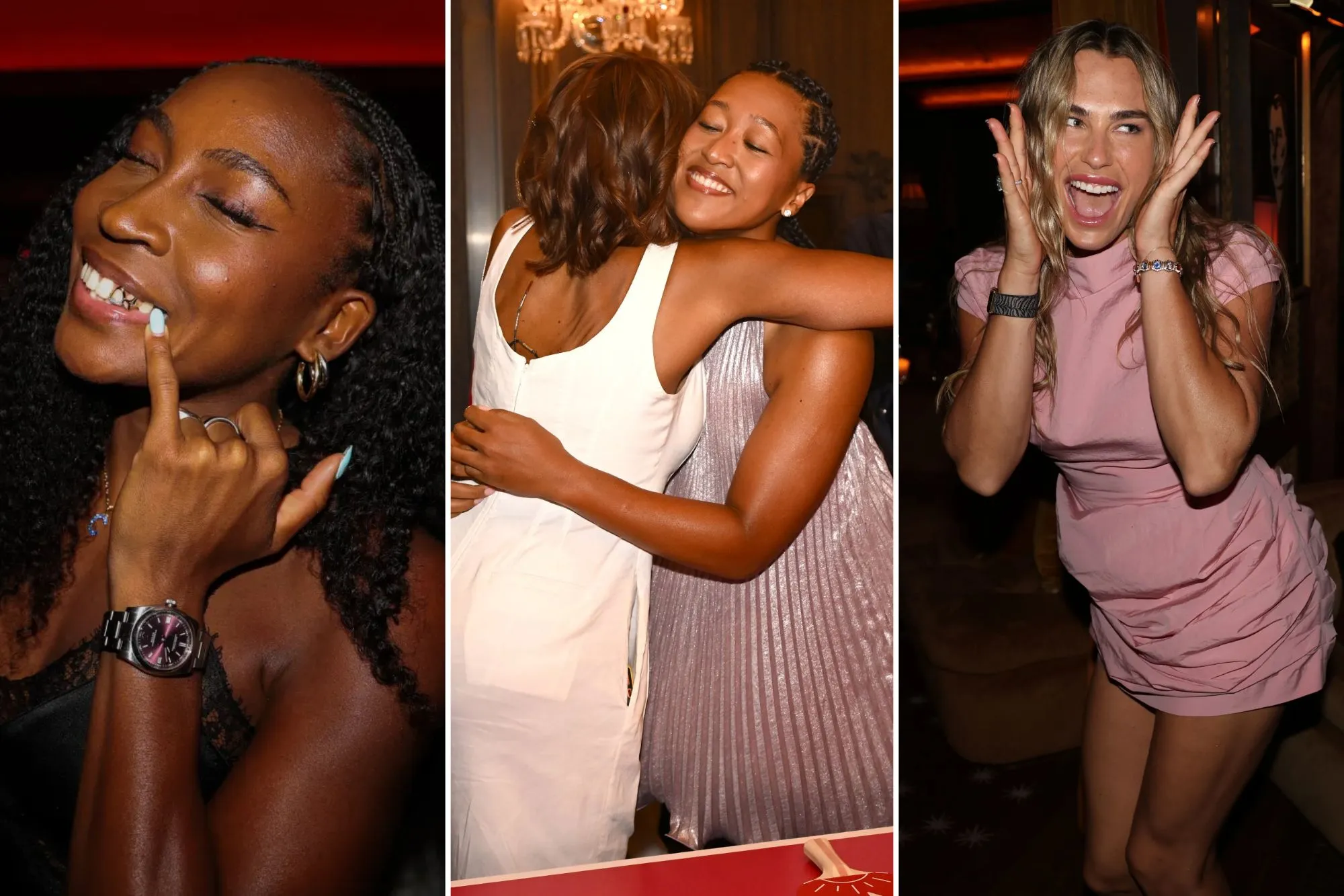 An image collage containing 3 images, Image 1 shows Coco Gauff attends a US Open players dinner, Image 2 shows Gayle King and Naomi Osaka hug at the Baccarat Hotel, Image 3 shows Aryna Sabalenka laughing and posing with