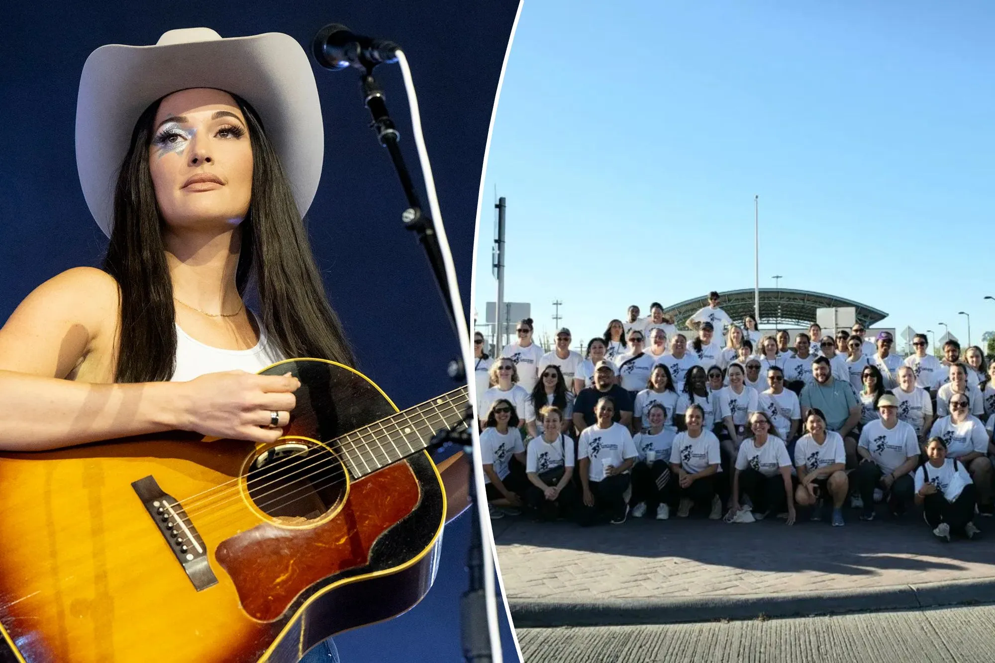 An image collage containing 2 images, Image 1 shows Kacey Musgraves performs on the Mojave Stage during weekend 2 of Coachella, Image 2 shows Group photo of Young Center for Immigrant Children's Rights staff wearing whit