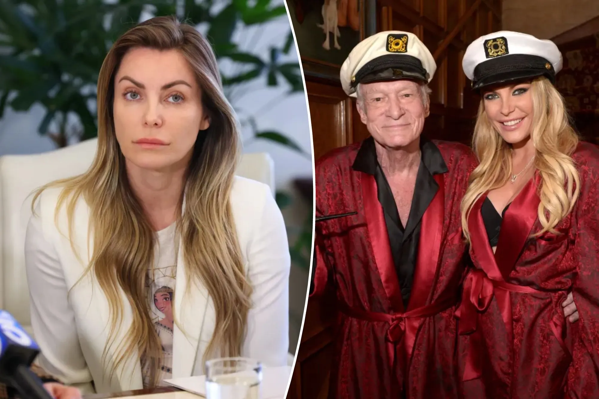 An image collage containing 2 images, Image 1 shows Crystal Hefner looks directly at the camera while sitting at a table with microphones in front of her, Image 2 shows Hugh and Crystal Hefner dressed in matching red rob