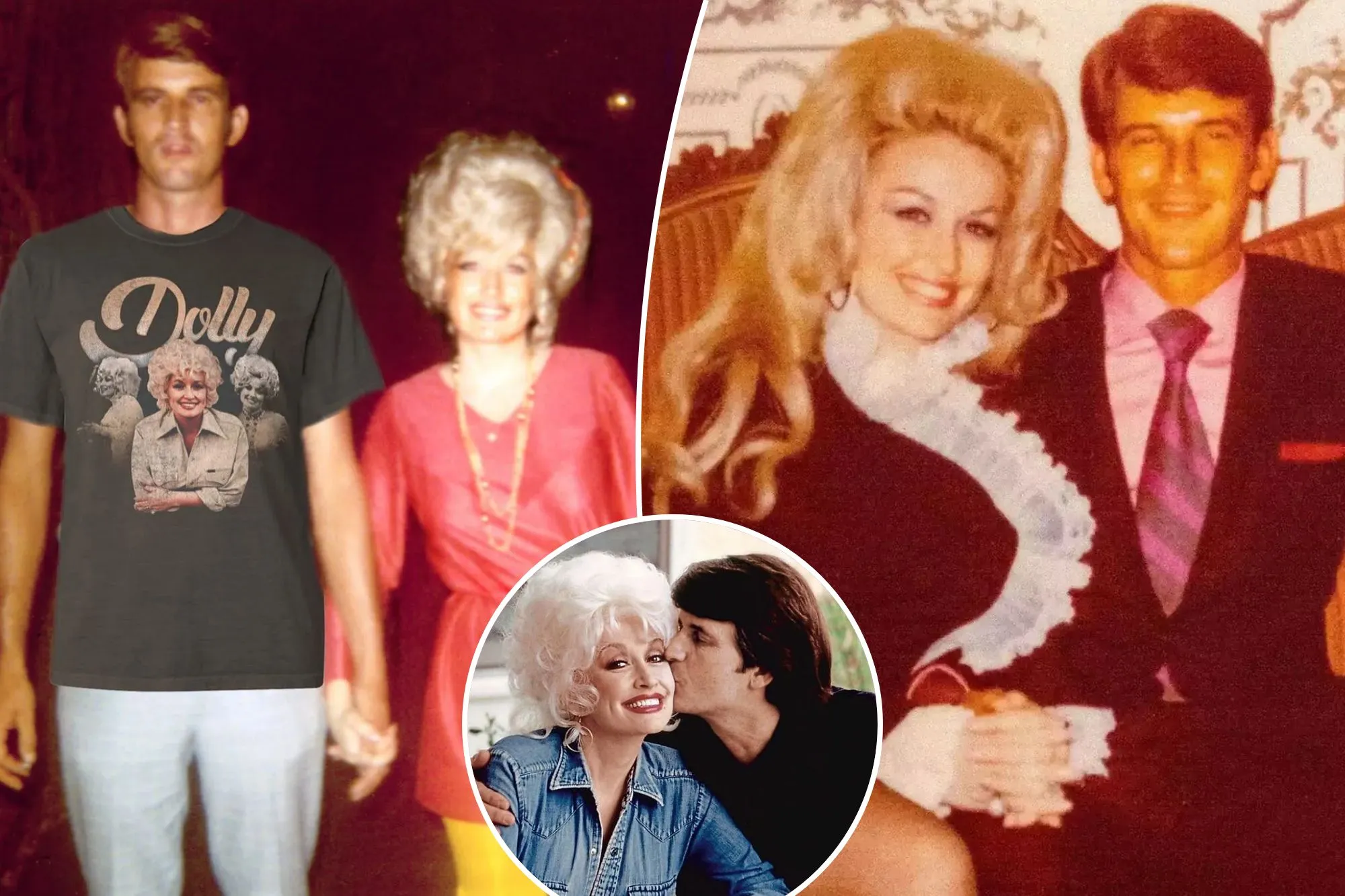 An image collage containing 3 images, Image 1 shows Dolly Parton and Carl Dean holding hands, Dean wearing a T-shirt with Parton’s image, Image 2 shows Dolly Parton with her husband Carl Thomas Dean, Image 3 shows Dolly