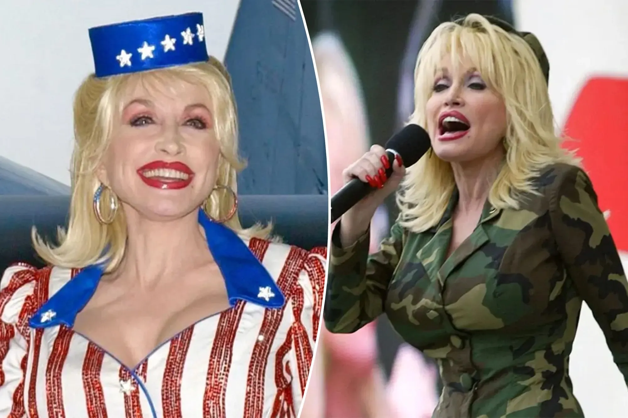 An image collage containing 2 images, Image 1 shows Dolly Parton smiles as she arrives for a special event held Sept. 8, 2004, at McGhee Tyson Air National Guard Base, Tenn., Image 2 shows Dolly Parton seen performs in