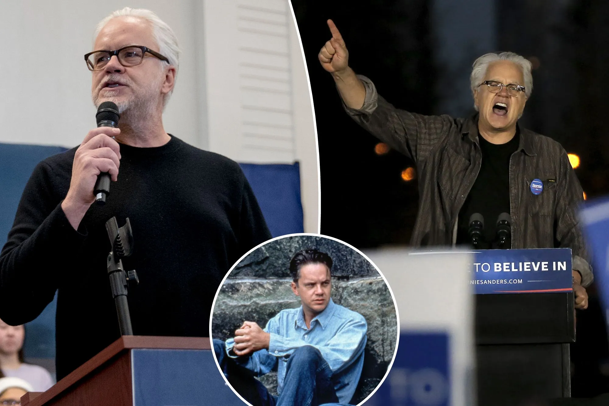 An image collage containing 3 images, Image 1 shows Actor Tim Robbins speaks before introducing Democratic presidential candidate Sen. Bernie Sanders, I-Vt., to speak at a campaign stop at the Hanover Inn Dartmouth, Sund