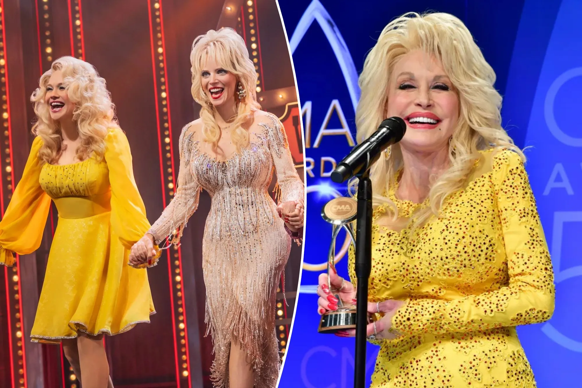 An image collage containing 2 images, Image 1 shows Three female performers in Dolly Parton-inspired costumes hold hands and smile on a brightly lit stage, Image 2 shows Dolly Parton holding a CMA award and smiling