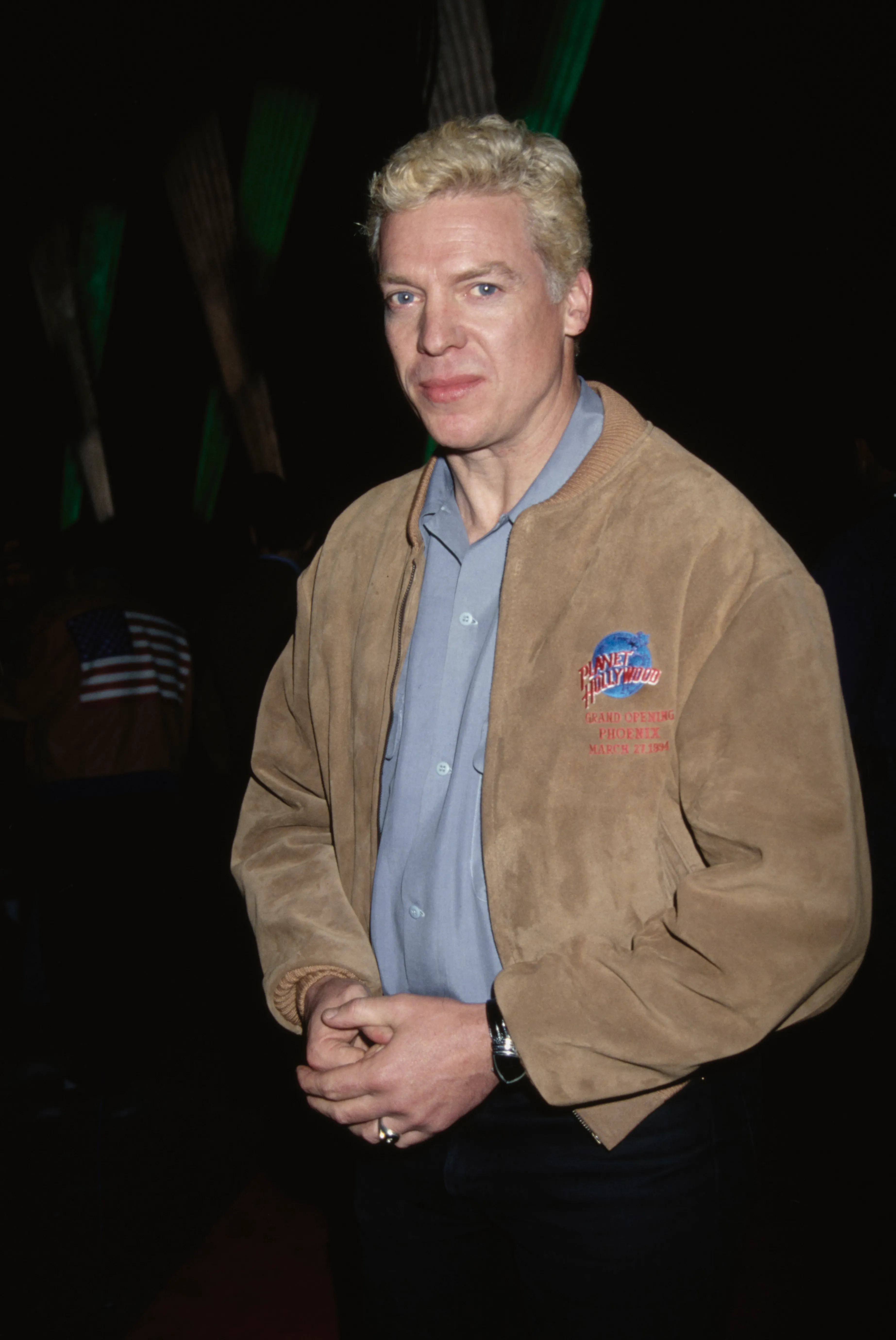 American actor Christopher McDonald wearing a suede jacket with the