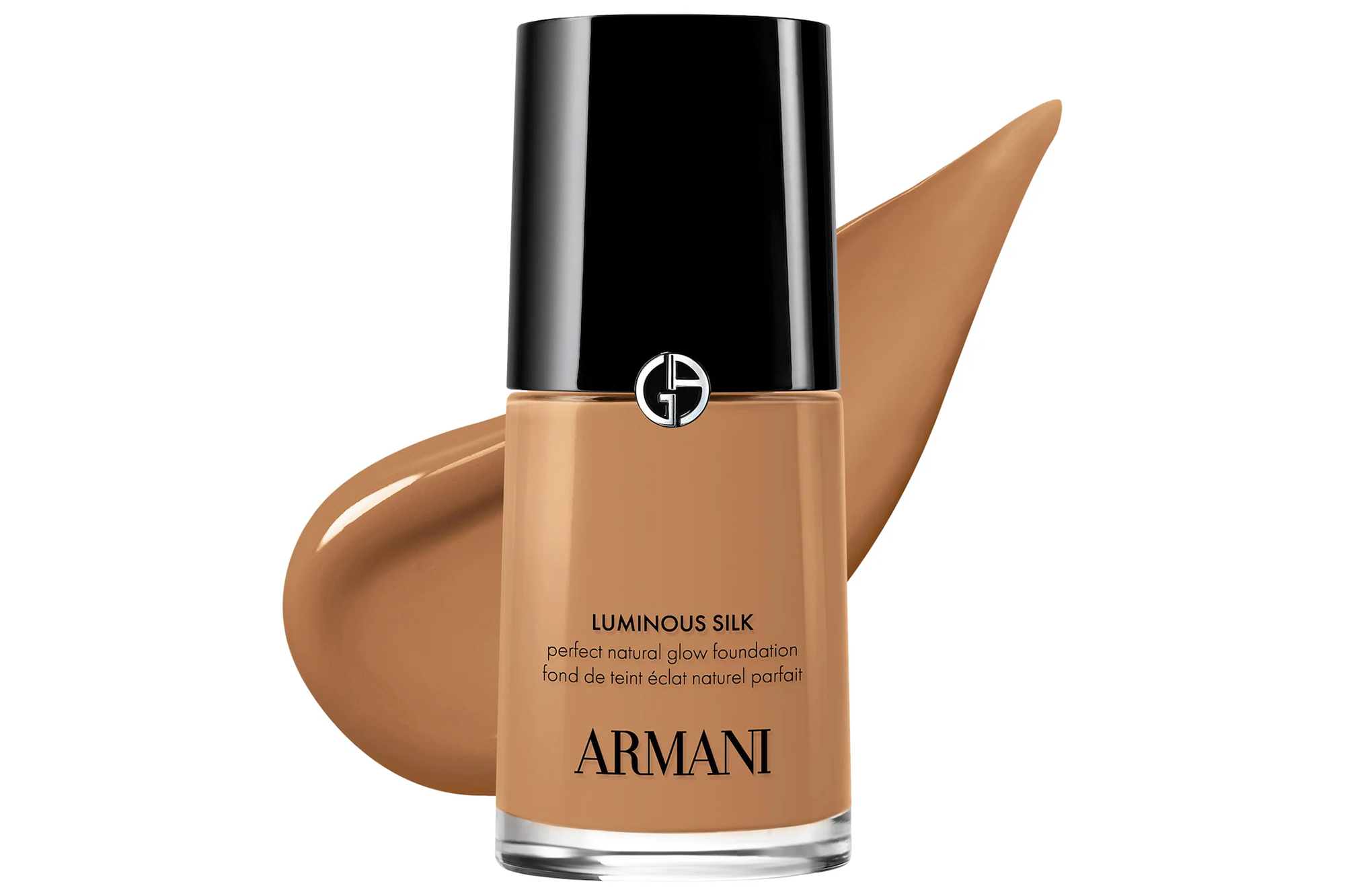 Armani Luminous Silk Foundation bottle in a medium skin tone shade, with a swatch of the foundation behind it.