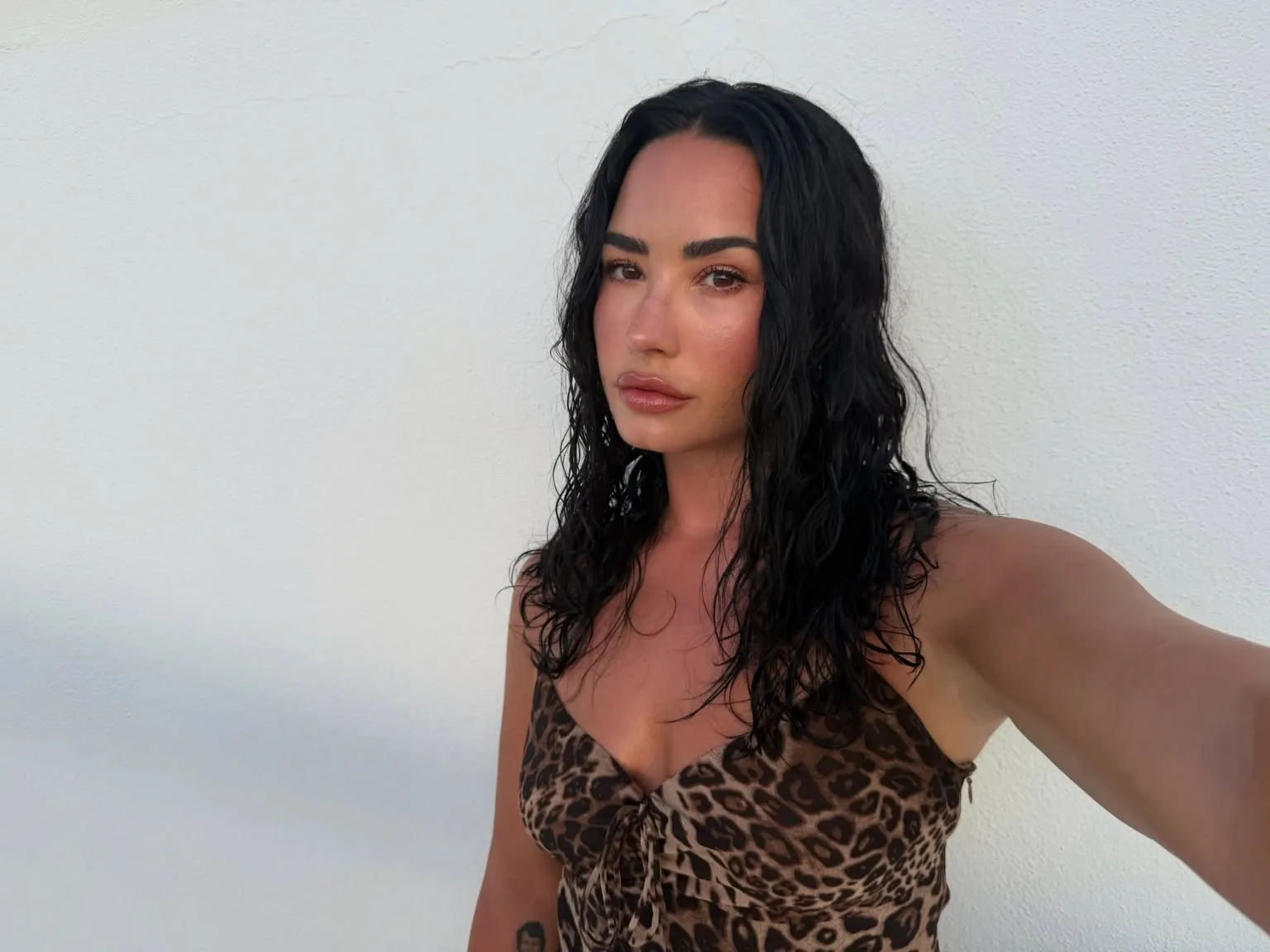 Demi Lovato in a leopard print dress.