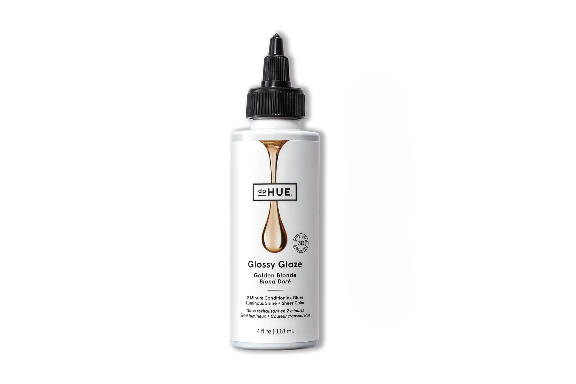 A bottle of DPHue Glossy Glaze in Golden Blonde, a 2-minute conditioning glaze for luminous shine and sheer color.