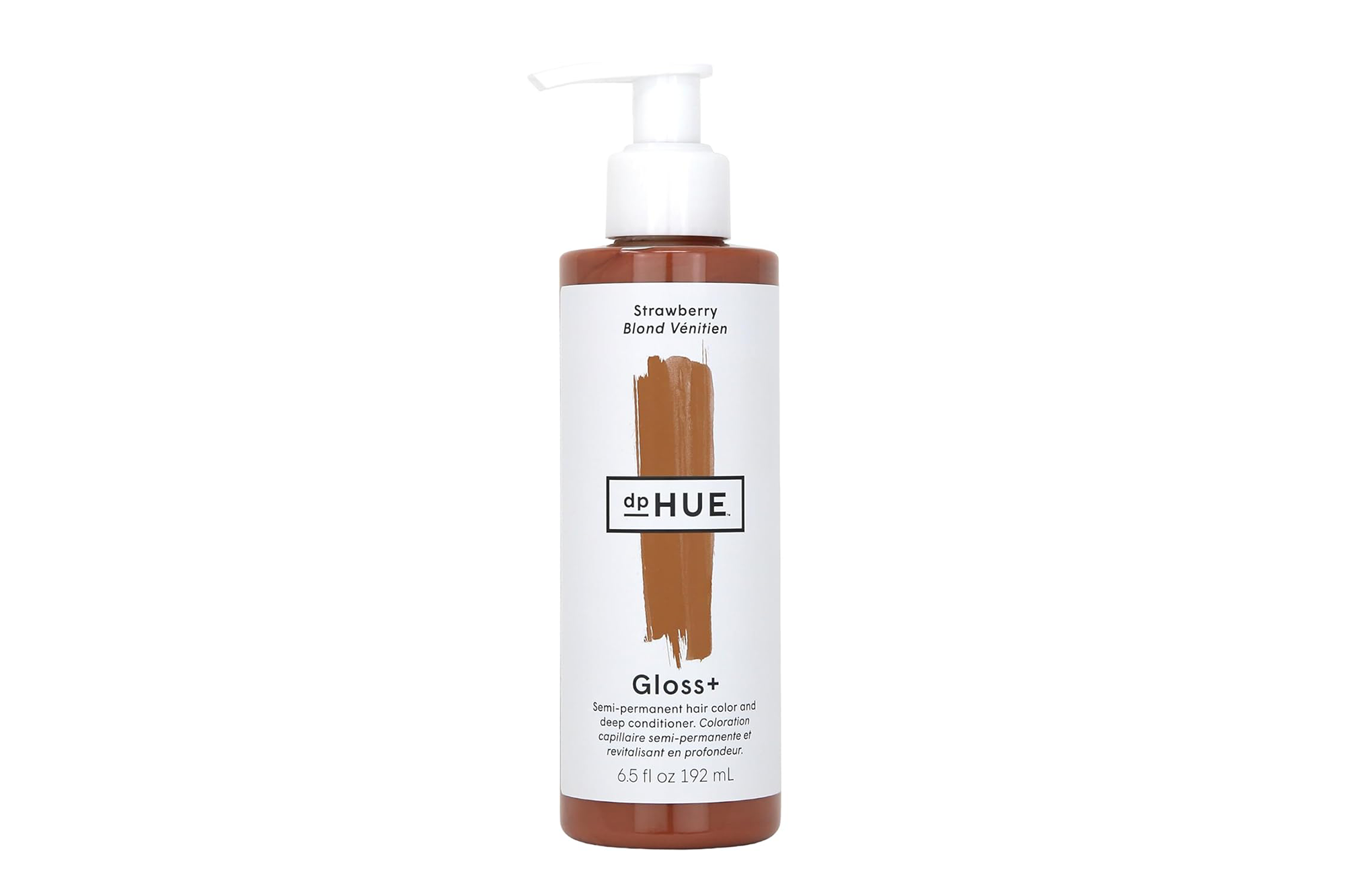 A bottle of dpHUE Gloss+ in Strawberry Blond Vénitien, a semi-permanent hair color and deep conditioner.