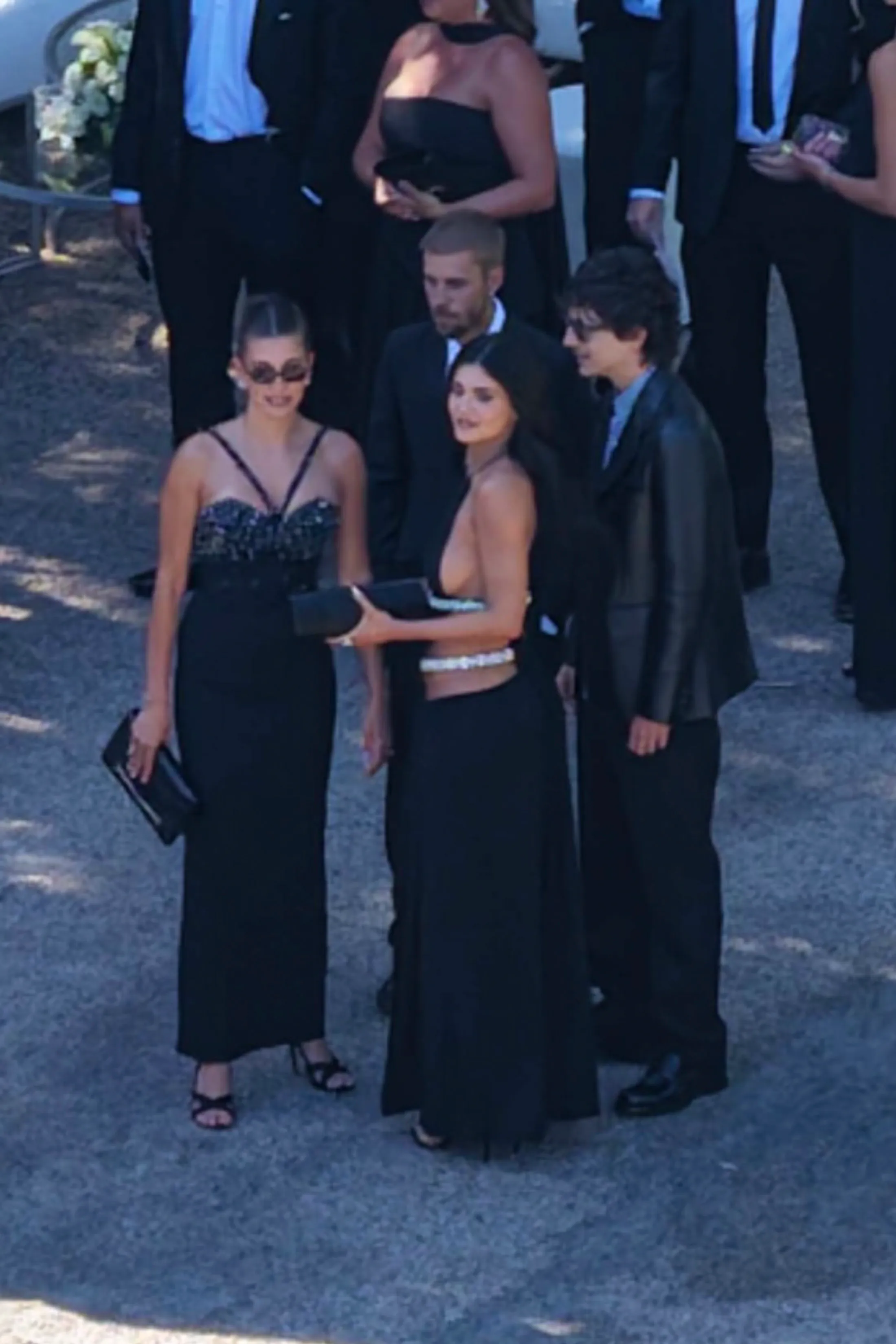 Hailey Bieber, Justin Bieber, Kylie Jenner, and Timothée Chalamet attending a wedding in Malibu.