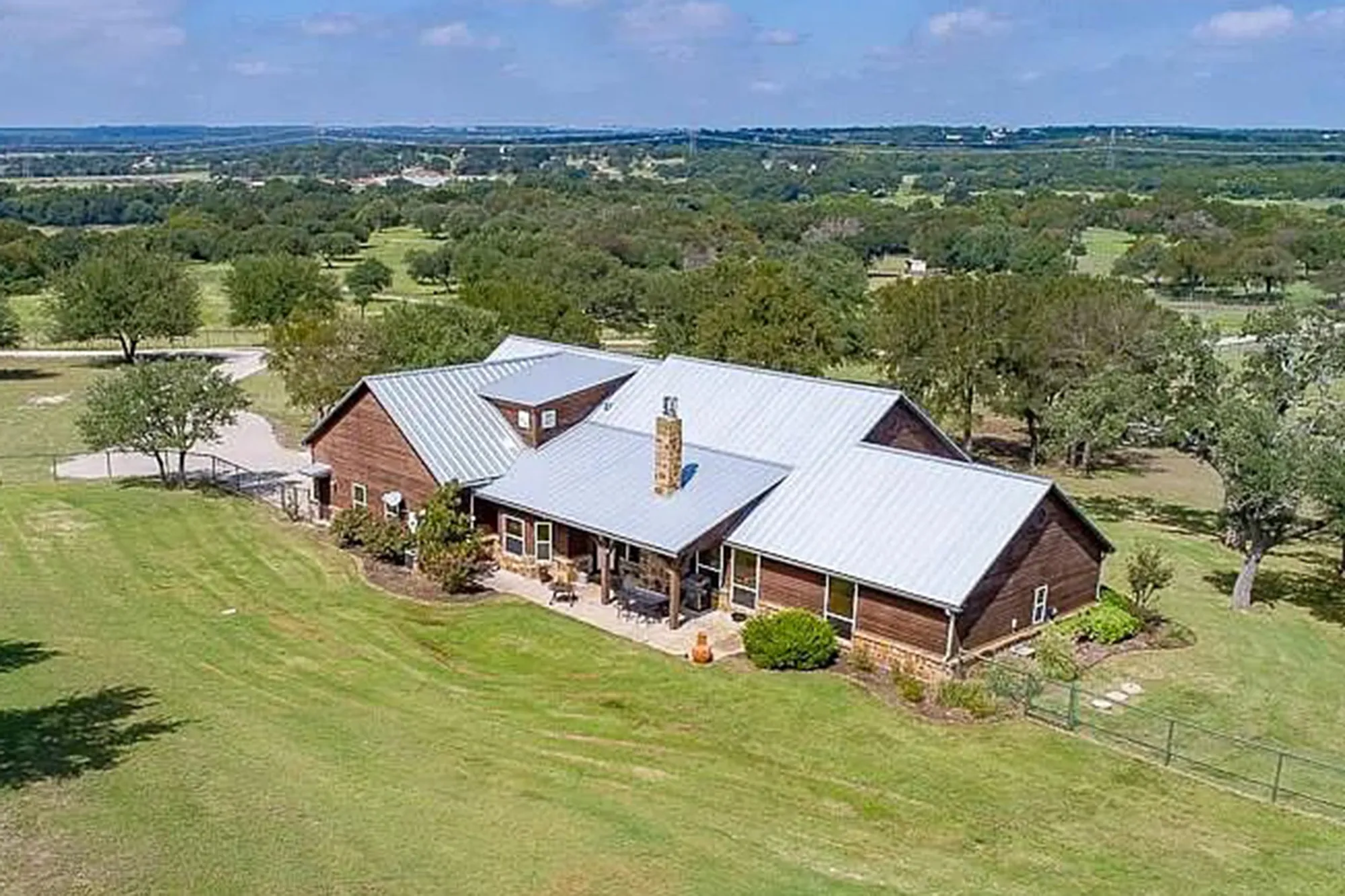 Aerial view of a house on the Four Sixes Ranch, owned by Taylor Sheridan.