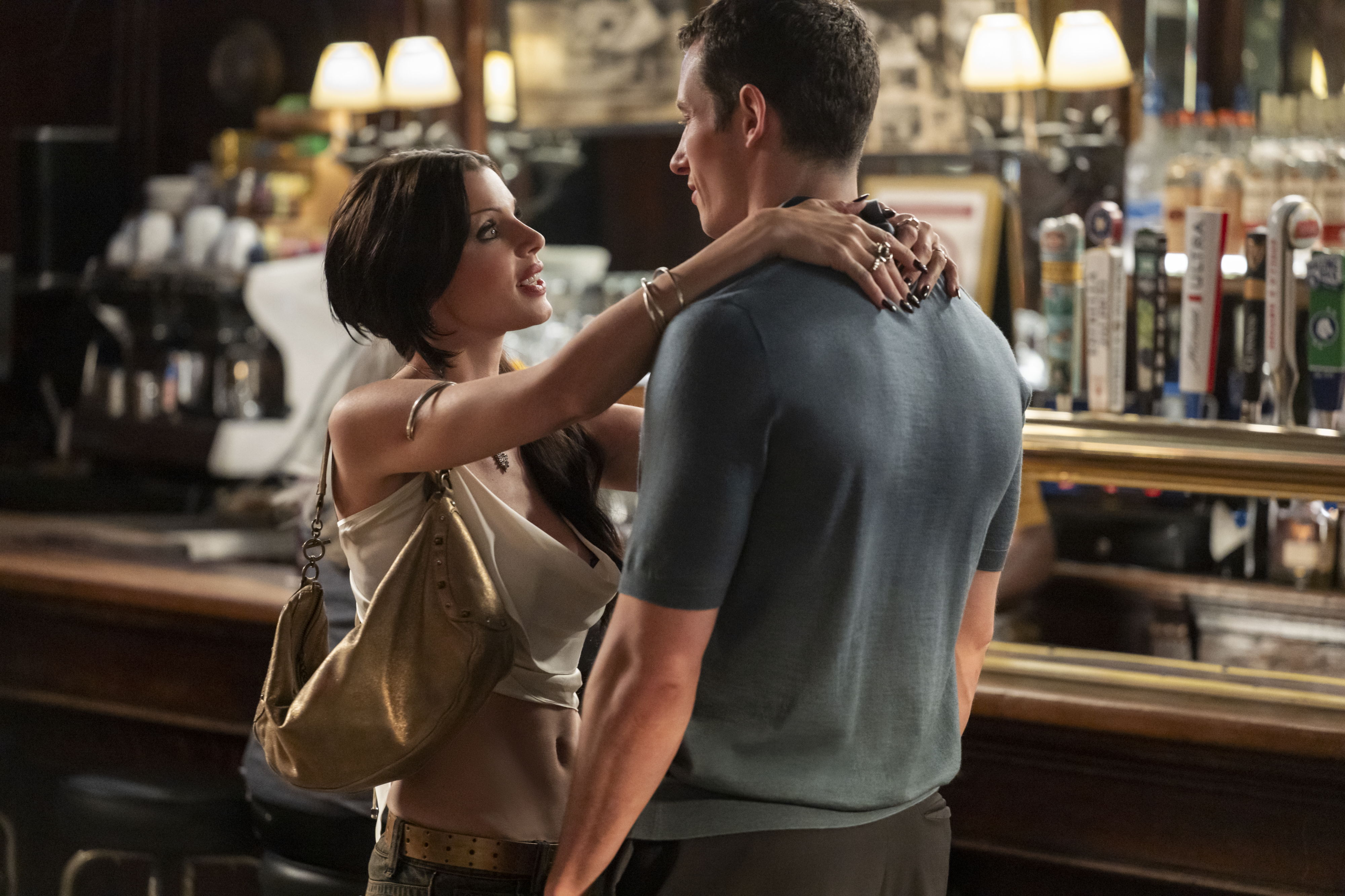 Julia Fox and Callum Turner in a scene from "One Night Only."