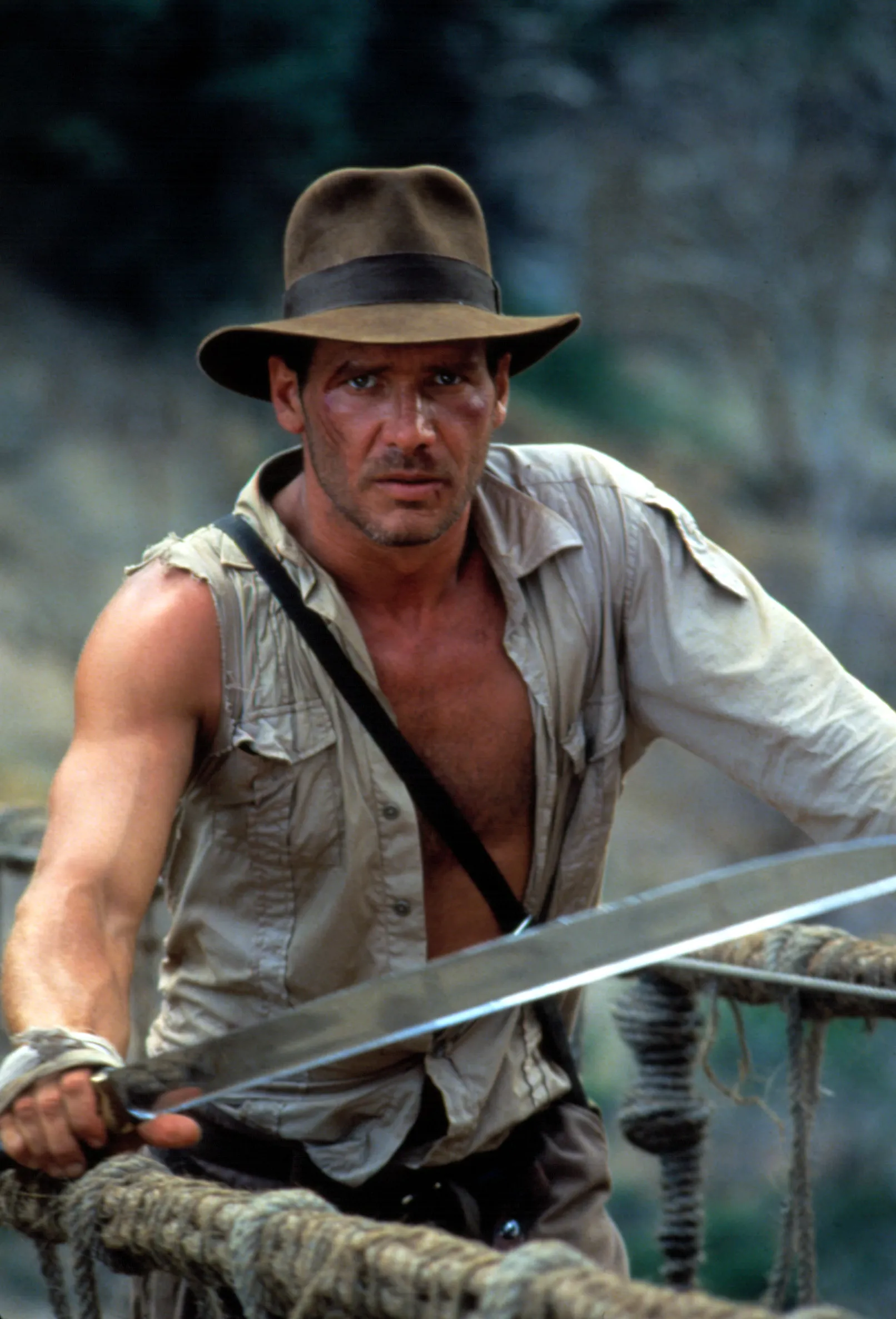 Harrison Ford as Indiana Jones, with a hat, open shirt, and sword, from "Indiana Jones and the Temple of Doom."
