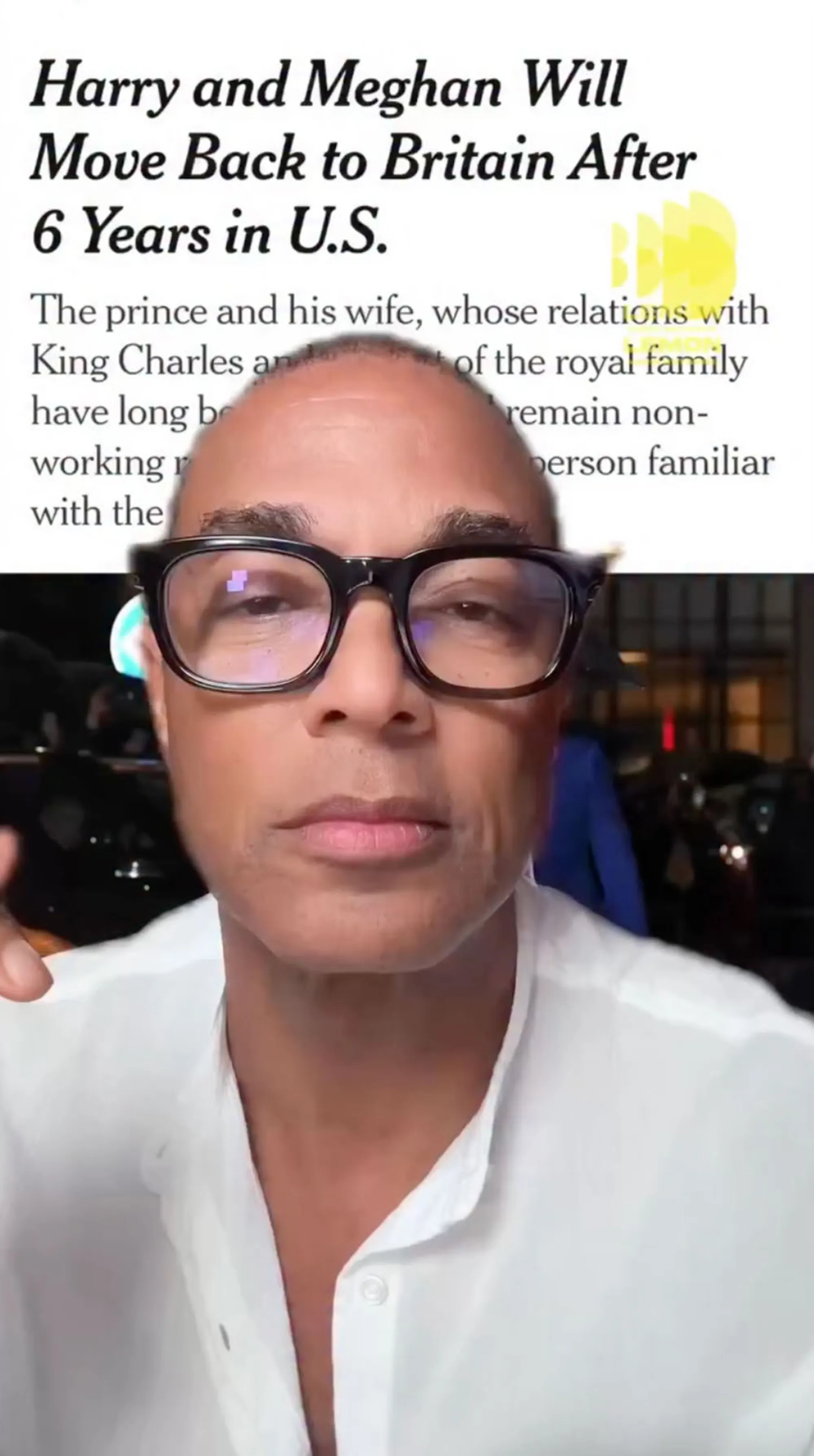 Don Lemon in glasses, talking over a news headline about Prince Harry and Meghan Markle moving back to Britain.