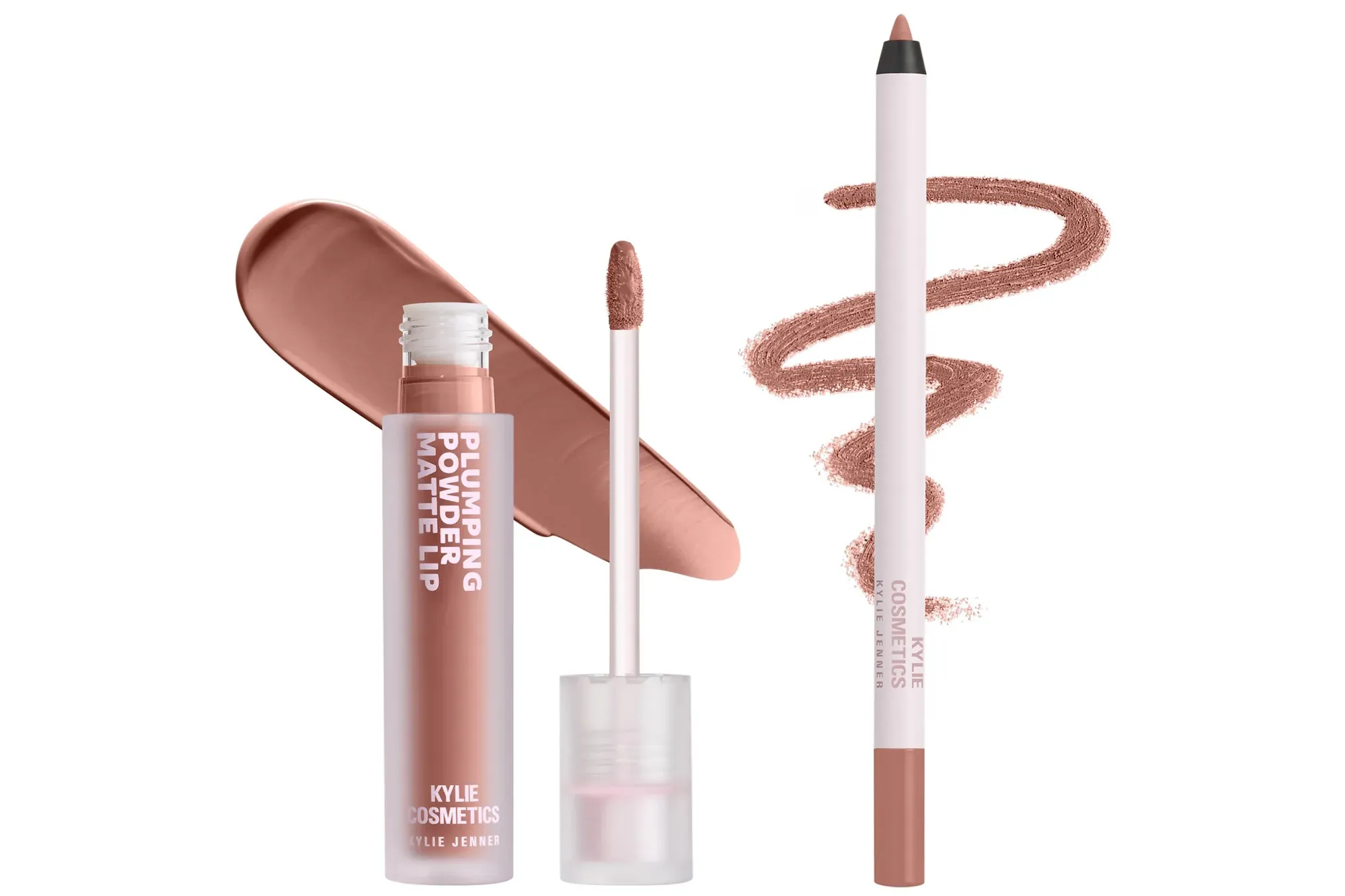 Kylie Cosmetics Plumping Powder Matte Lip and Lip Liner in a nude shade with swatches.