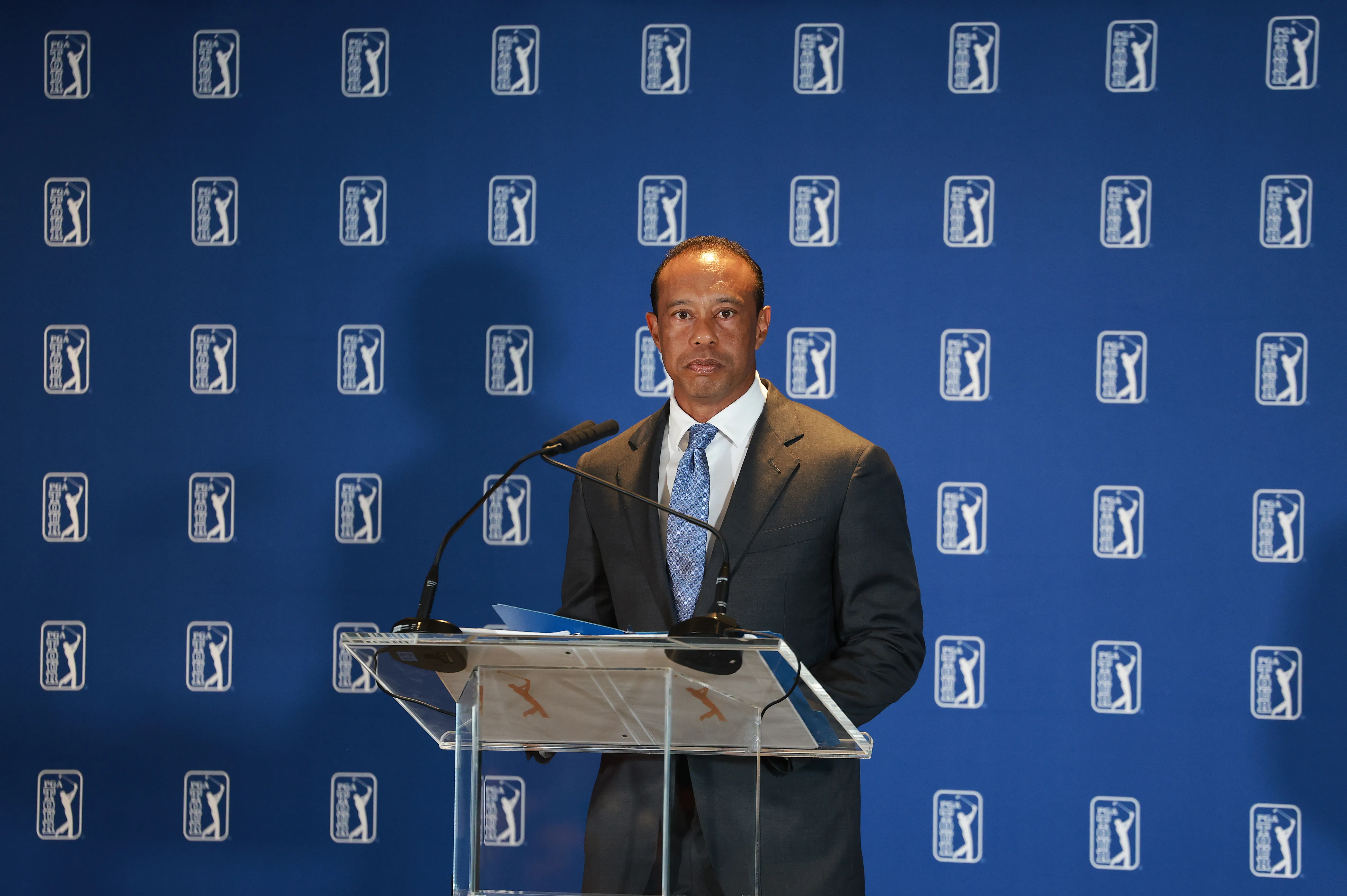 Tiger Woods at a PGA Tour press conference.