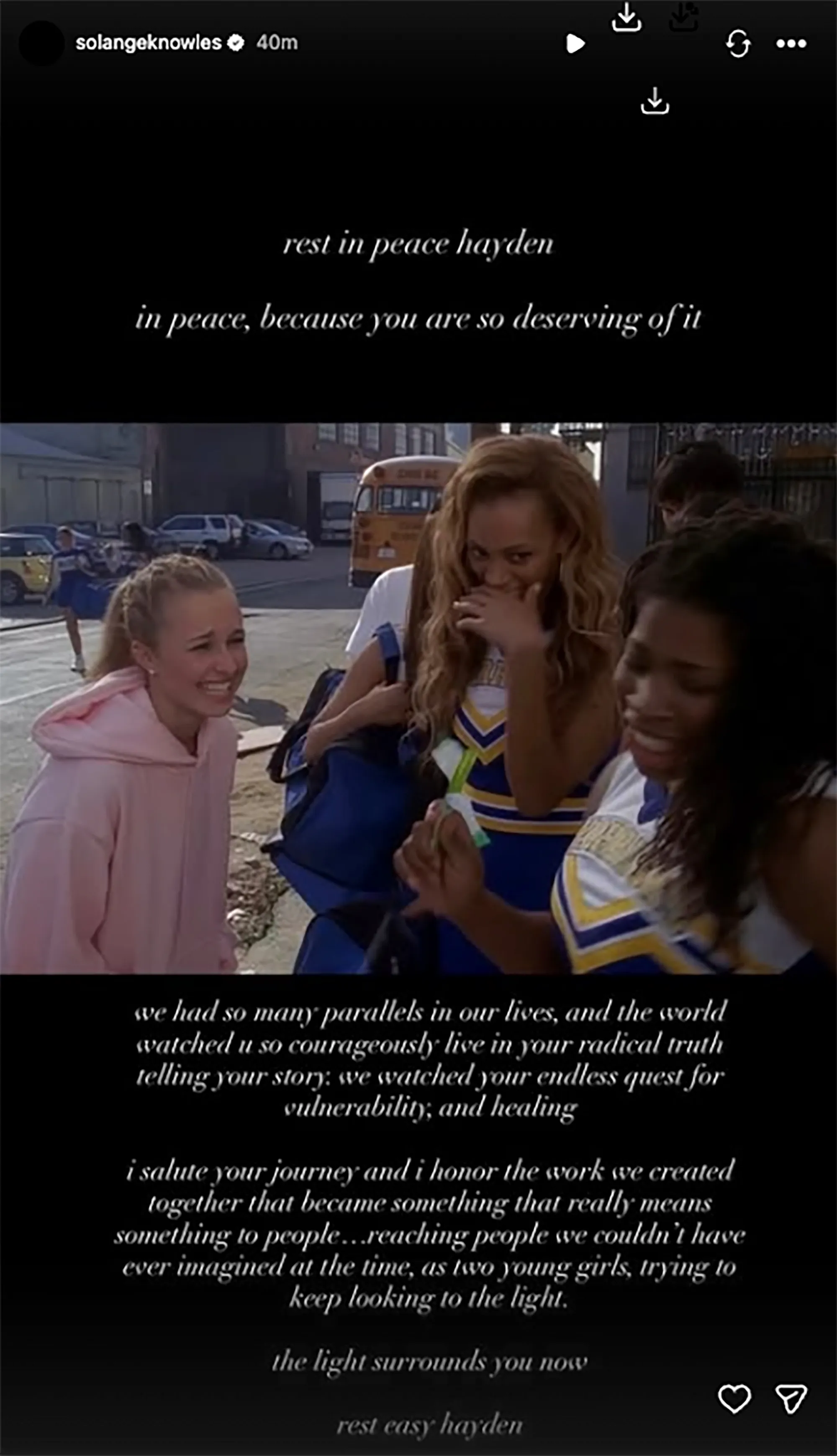Collage of an image of Hayden Panettiere and two cheerleaders, and text from Solange Knowles.
