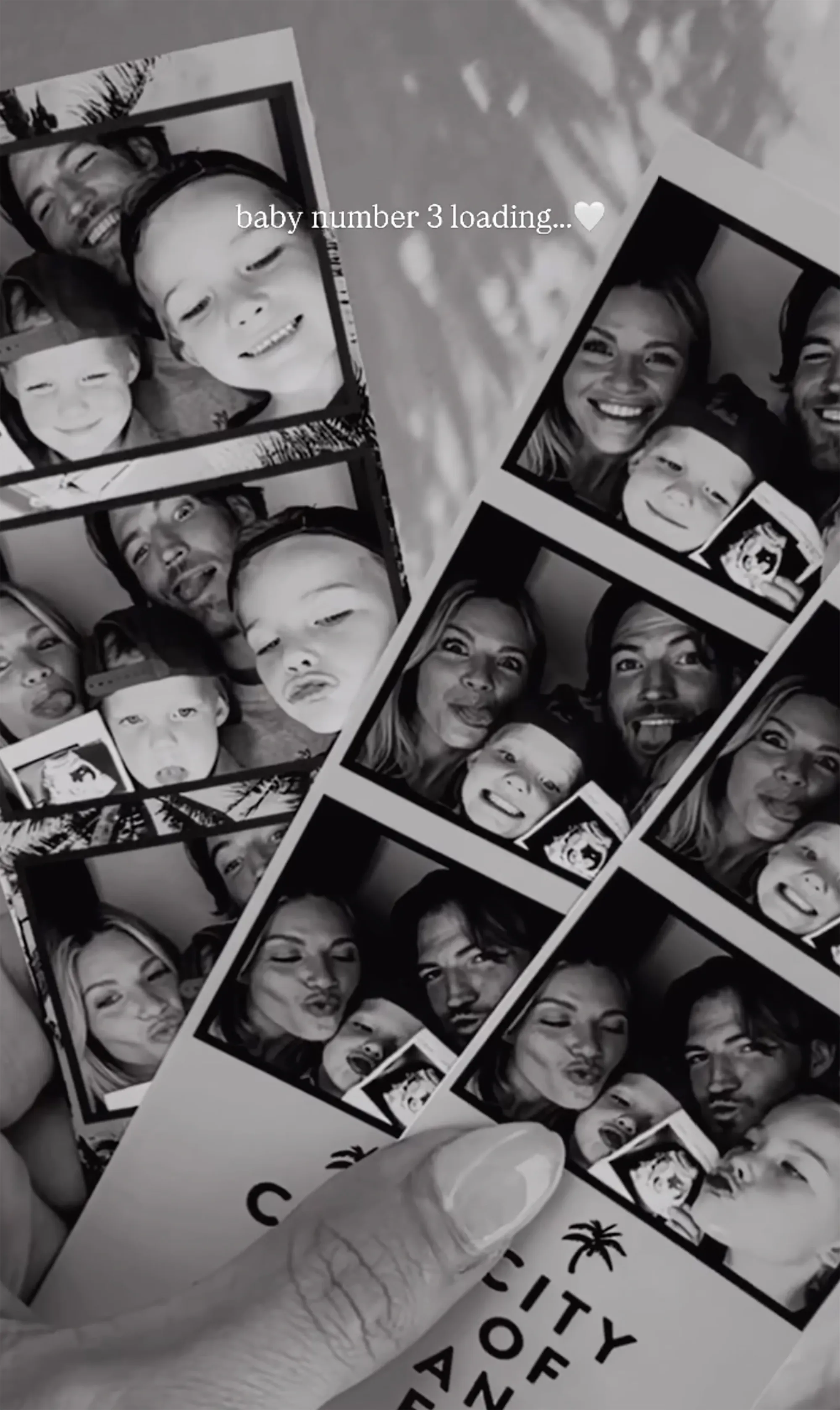 Collage of photobooth strips showing a couple and their two children, with ultrasound images announcing a third baby.