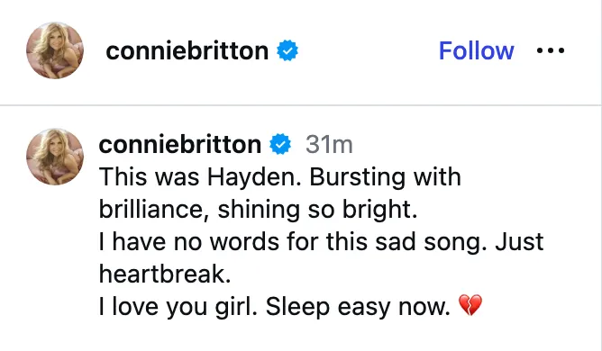 Britton said she was heartbroken over Panettiere’s sudden death.