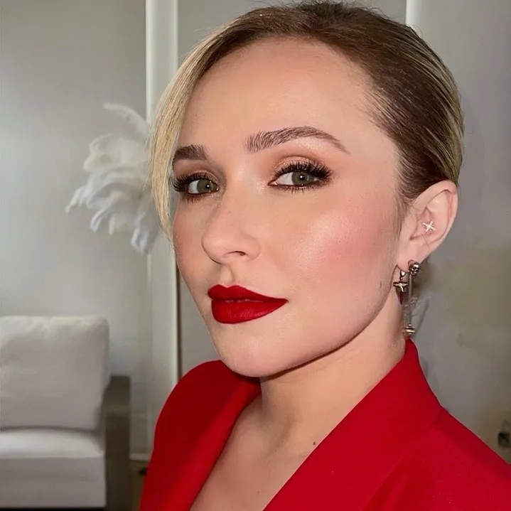 Hayden Panettiere wearing a red blazer and red lipstick.