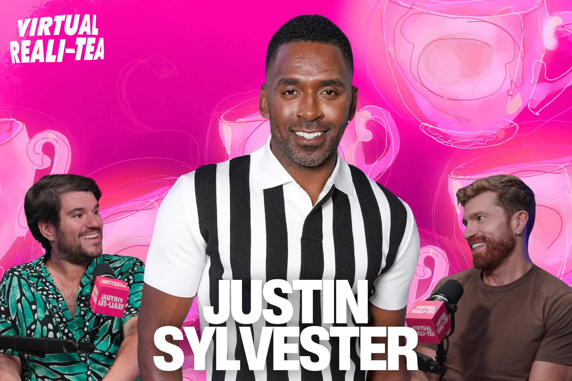 Justin Sylvester talking about Real Housewives news on a podcast set.