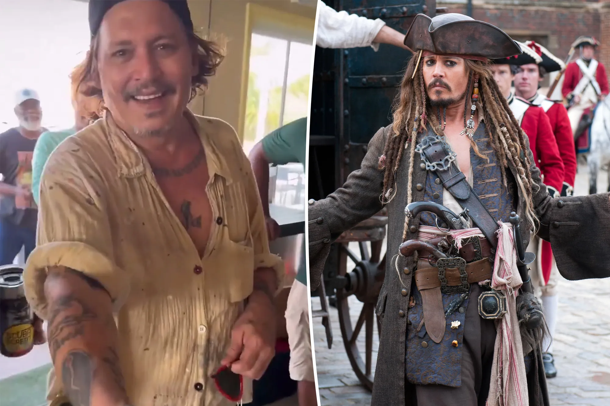 Collage of Johnny Depp as himself and as Captain Jack Sparrow.