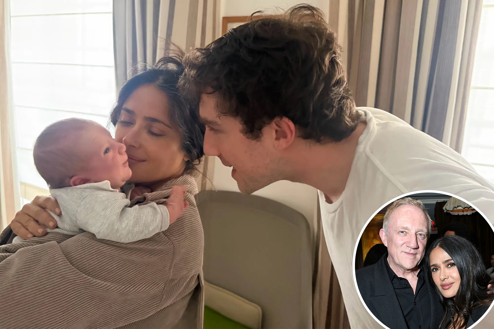 Salma Hayek holding a baby with a young man leaning in, and an inset photo of Salma Hayek with a man.