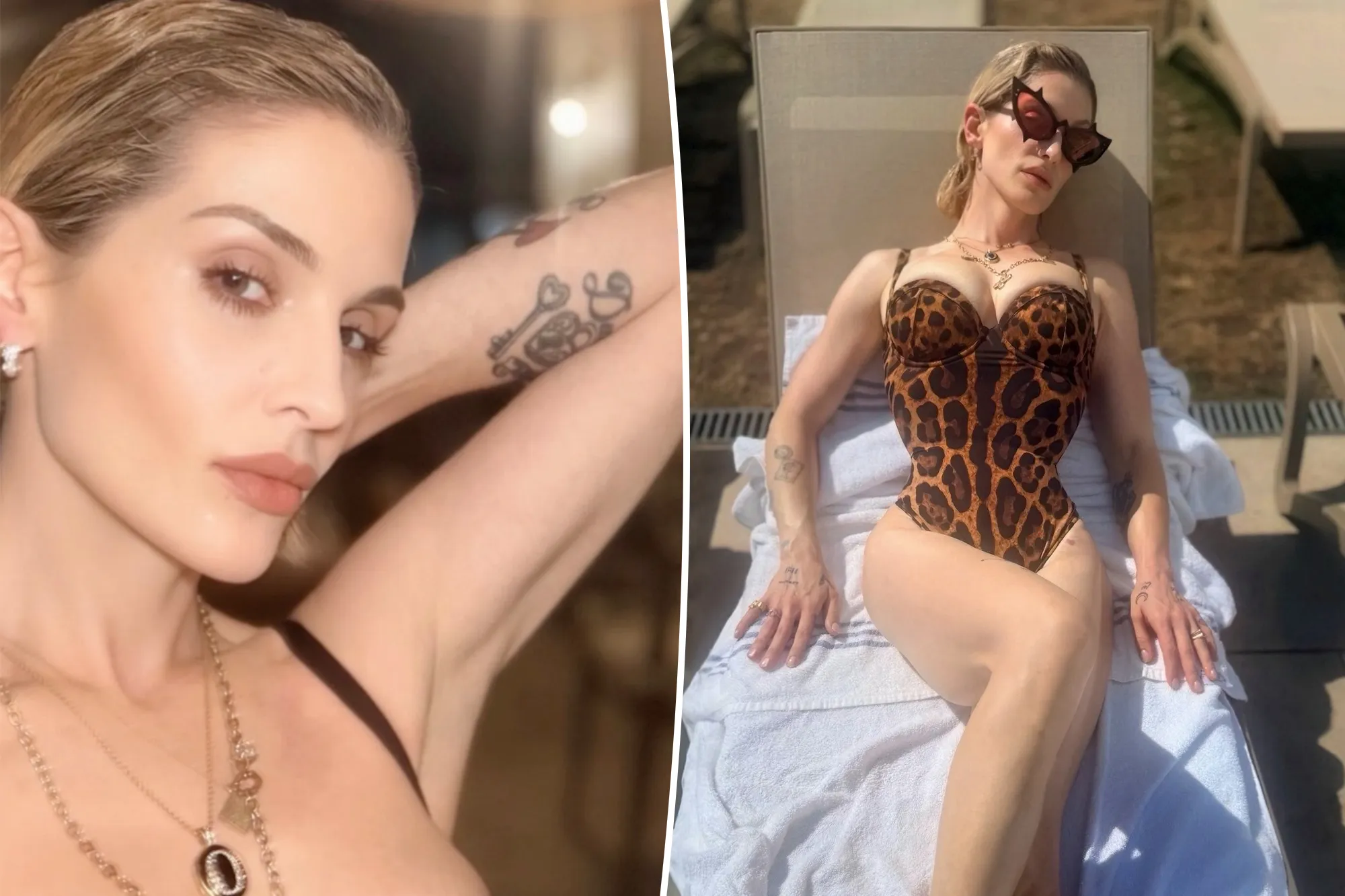 Kelly Osbourne wearing a leopard-print swimsuit poolside with her son Sidney