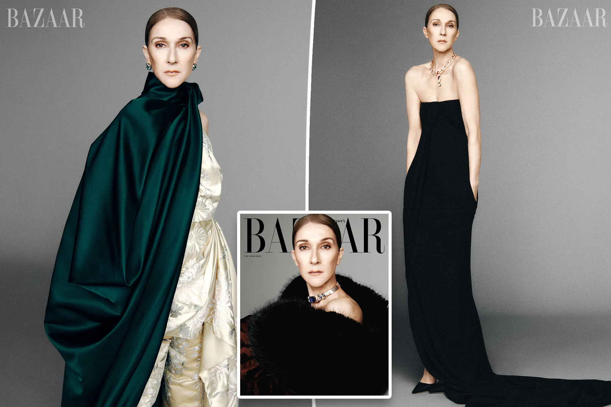 Collage of Céline Dion in three different outfits against a gray background.