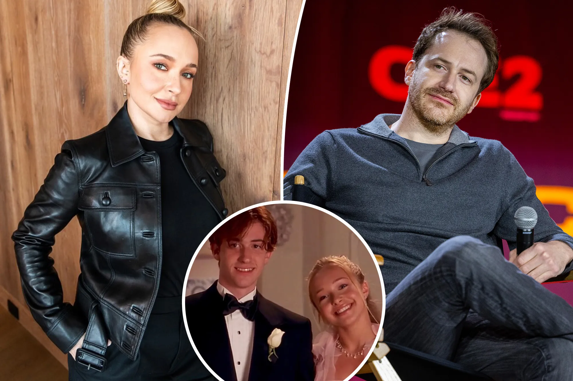 Collage of a woman in a black leather jacket, a man in a gray sweater, and a younger woman and man from a movie.