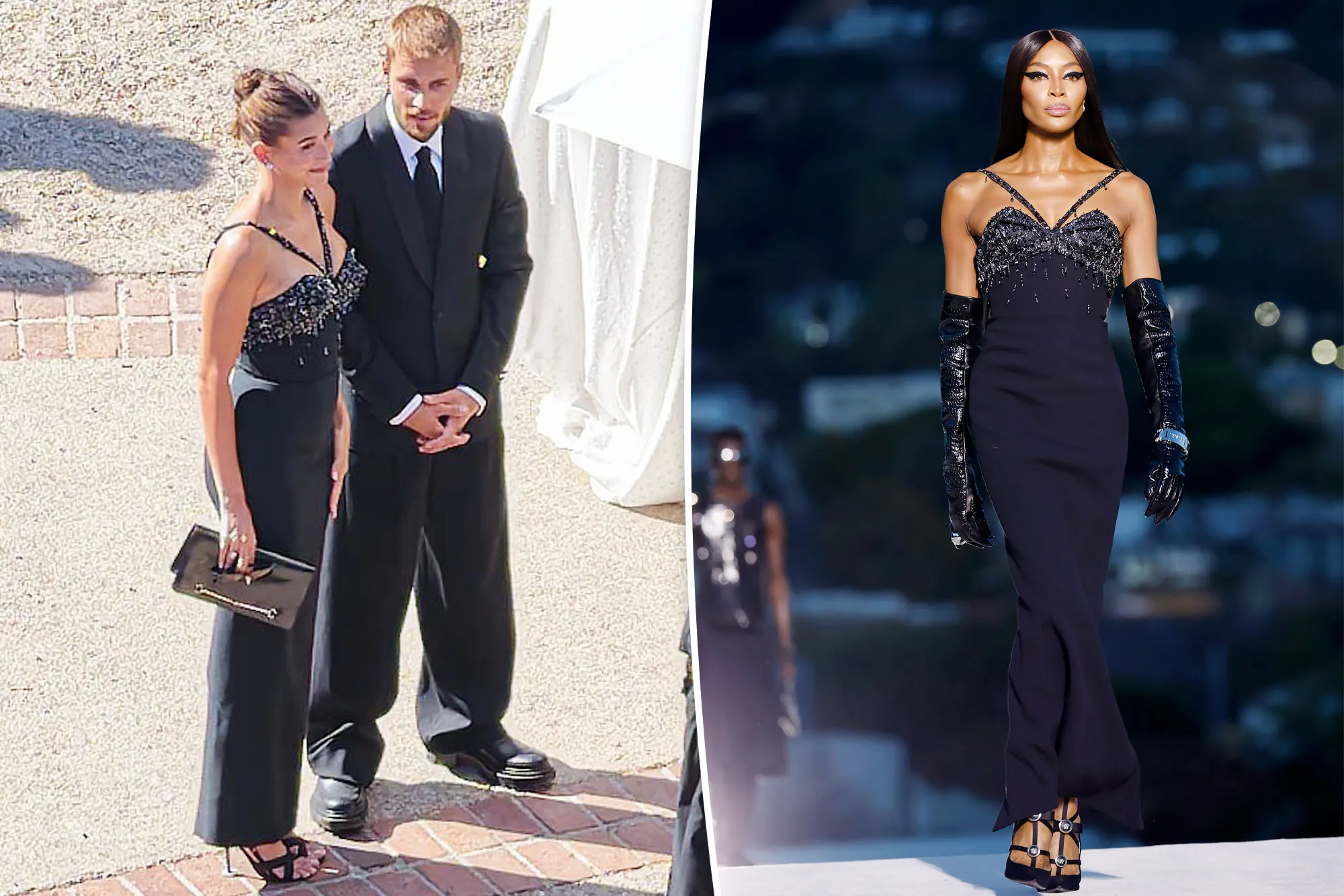 Collage of Hailey Bieber and Justin Bieber at a wedding and Naomi Campbell on the runway in the same outfit.