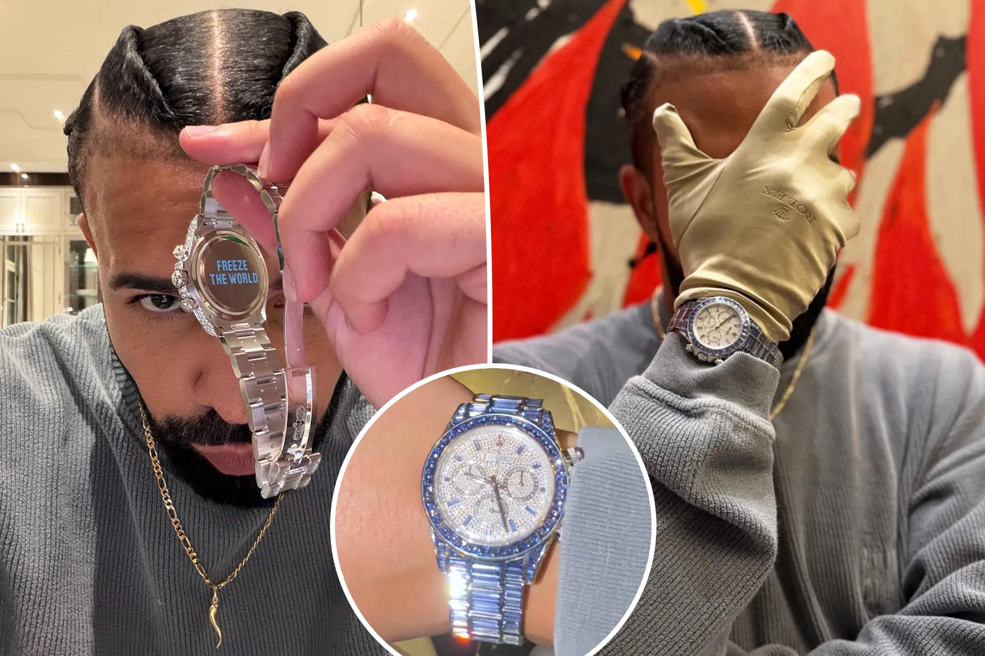 Collage of Drake wearing a Rolex watch with a blue and silver face.