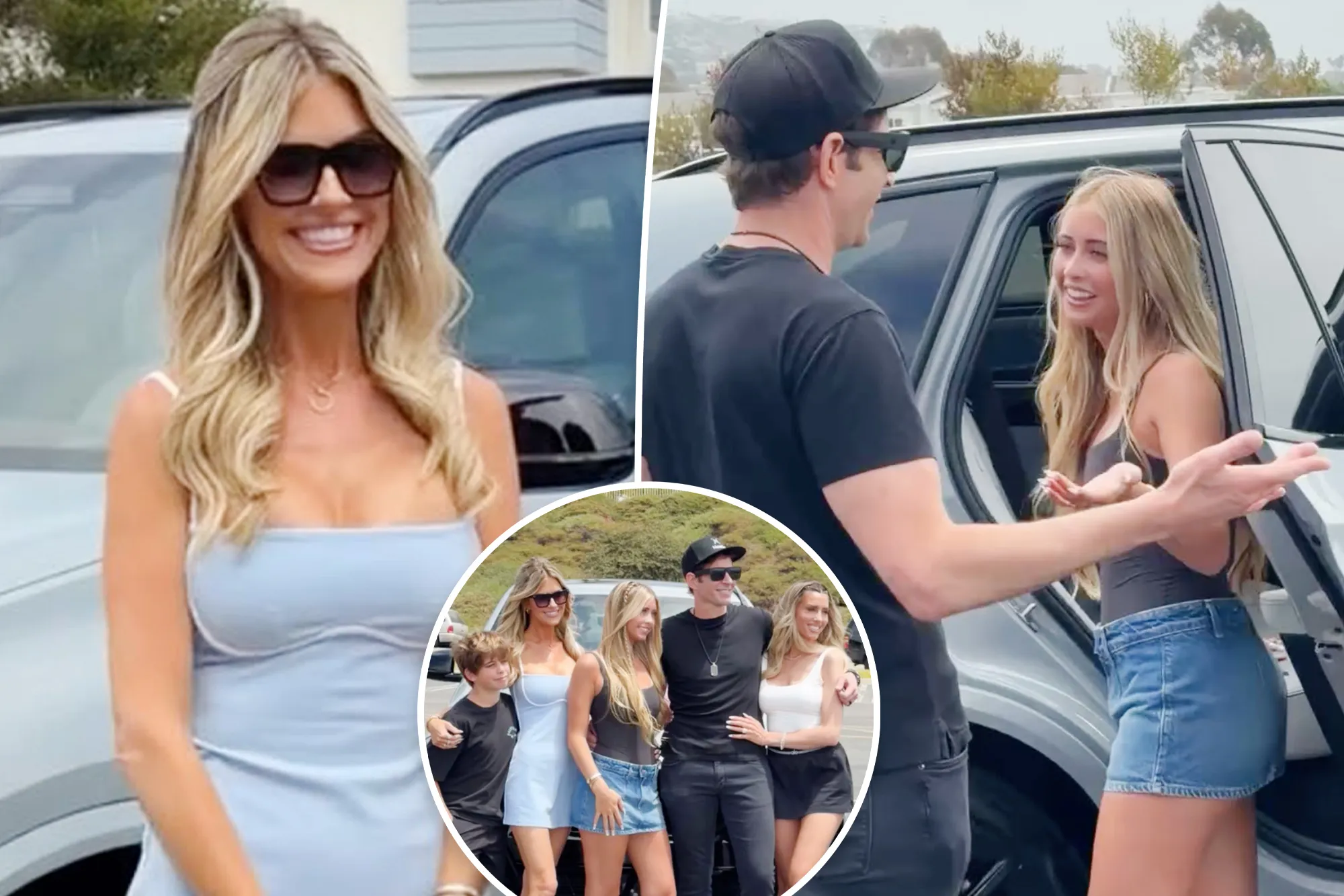 Collage of two women smiling, a man with a woman exiting a car, and a family photo.