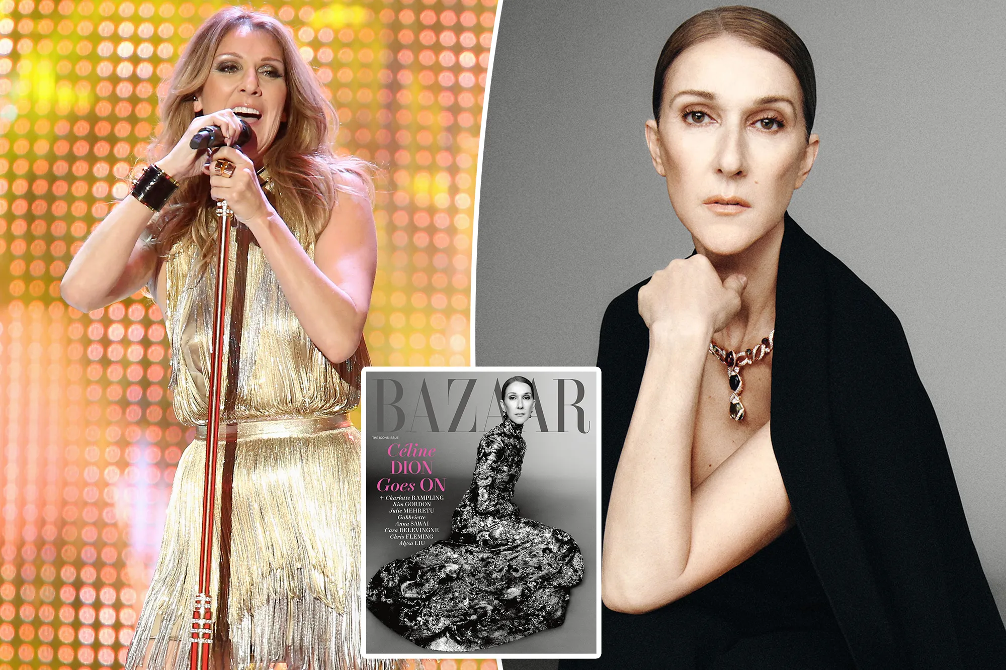 Collage of Celine Dion singing on stage, a cover of Bazaar magazine, and a portrait of Celine Dion.