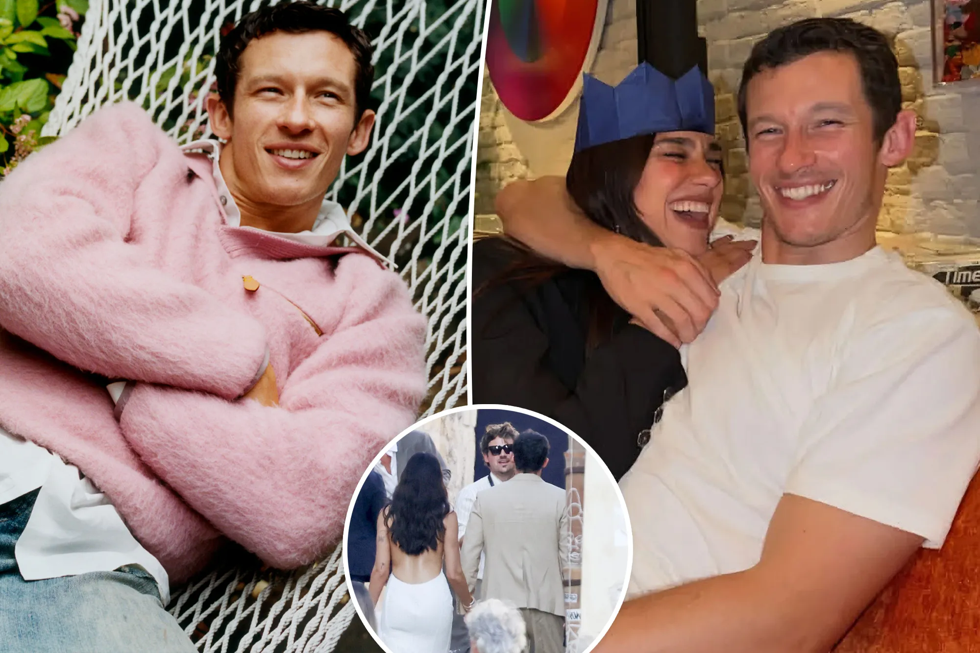 A split of Callum Turner photographed for Esquire, and two images of Turner with wife Dua Lipa