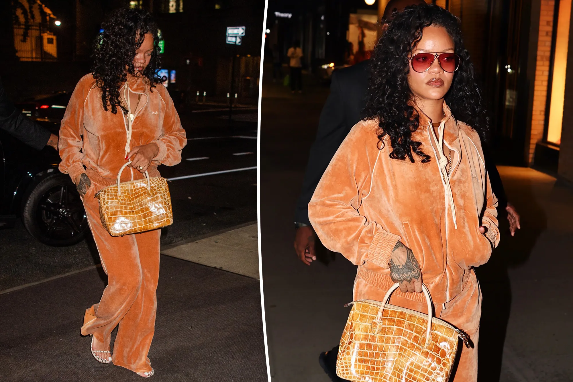 Rihanna in an orange velour tracksuit with a matching crocodile skin handbag.
