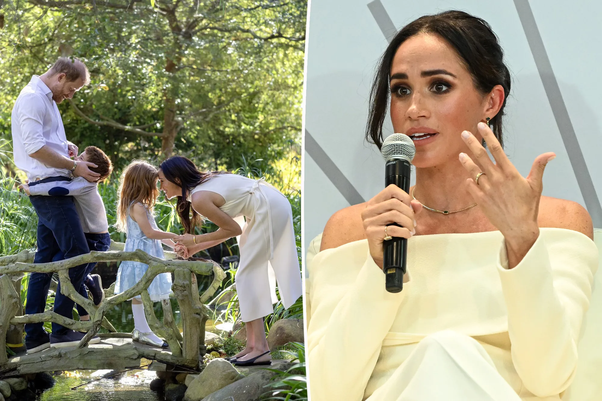 Collage of Meghan Markle speaking at a conference and with her family.