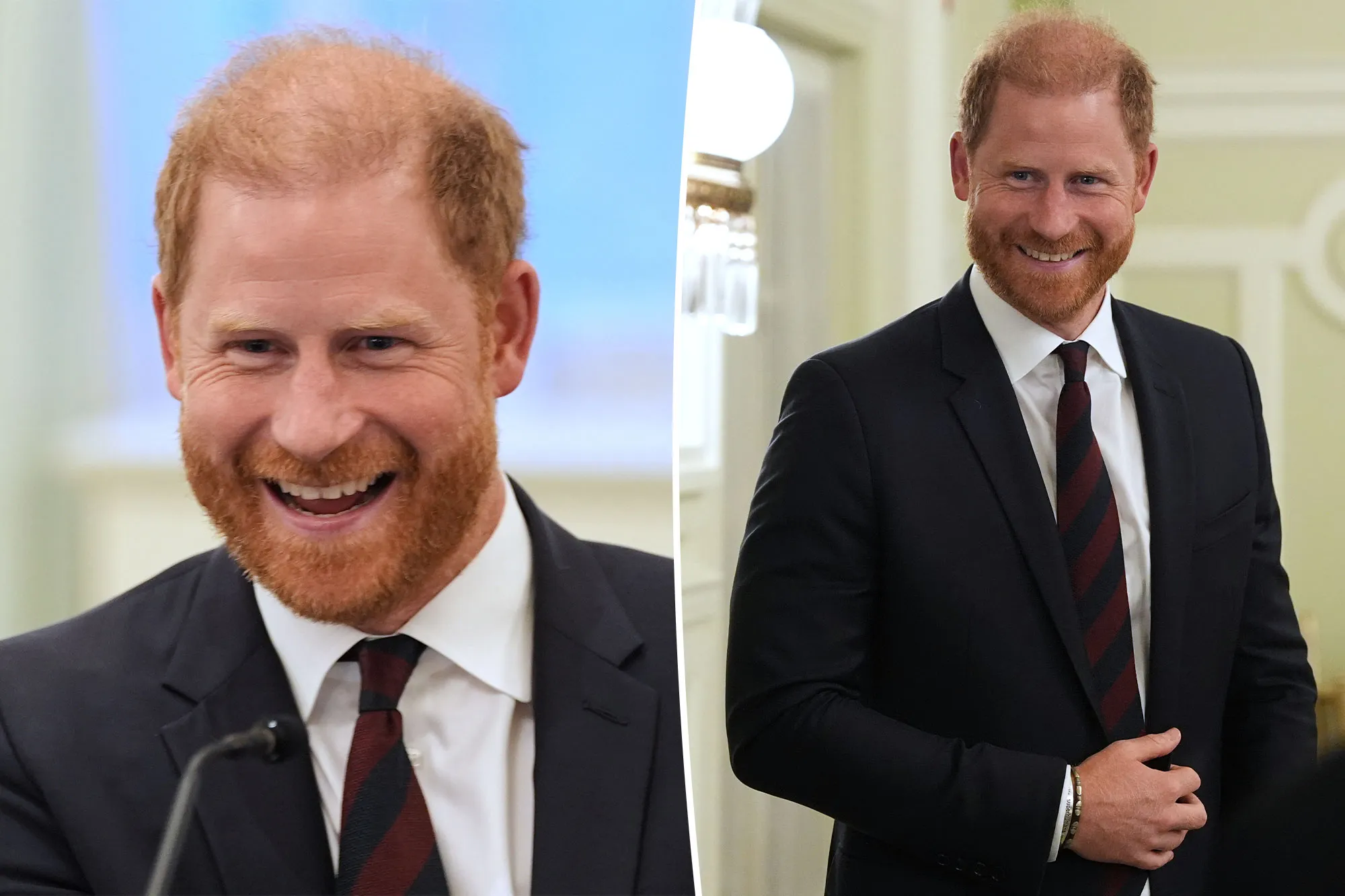 Prince Harry smiling after announcing his return to the UK with Meghan Markle