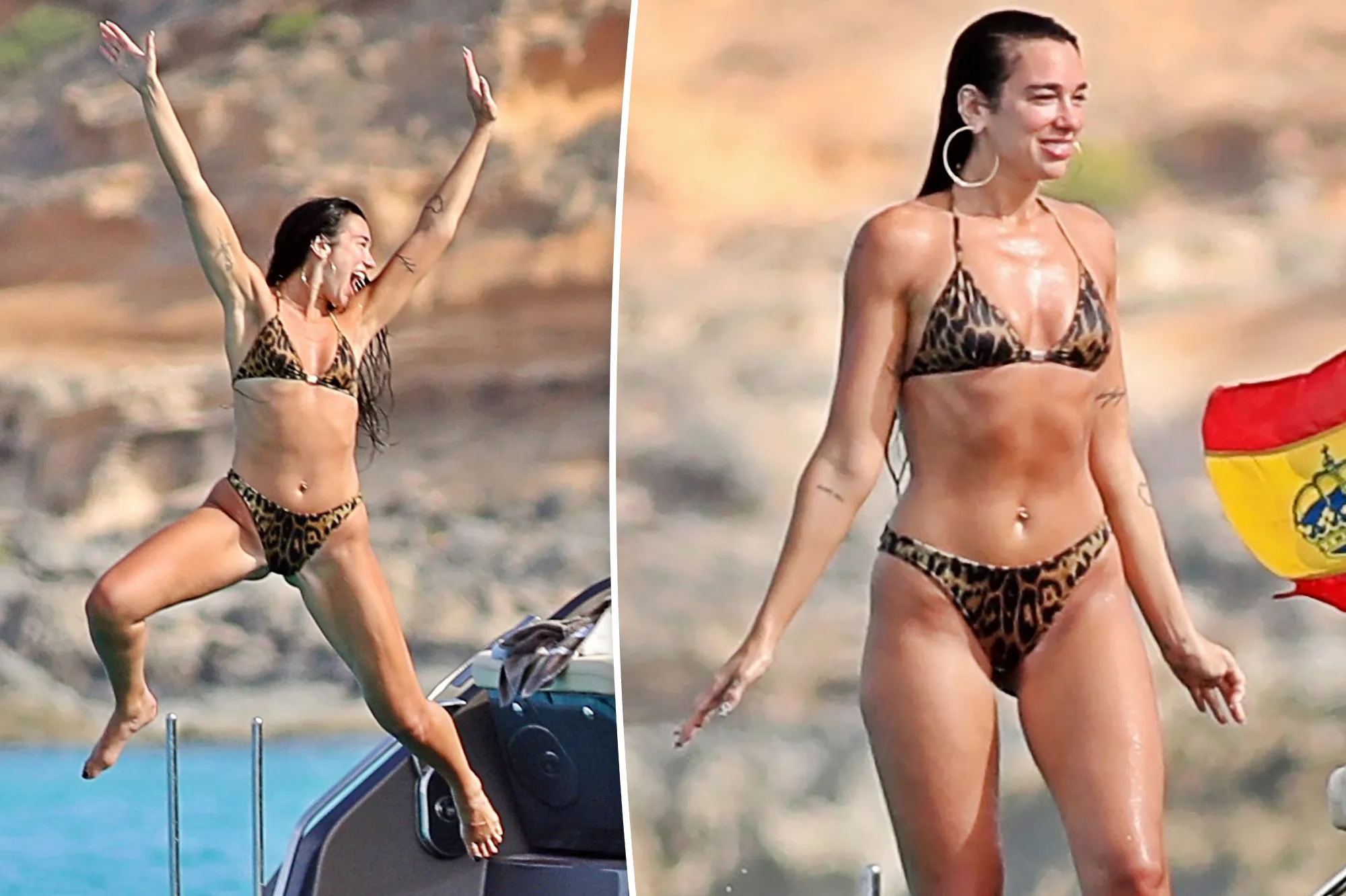 Dua Lipa posing poolside in a leopard print Gucci bikini during her birthday trip