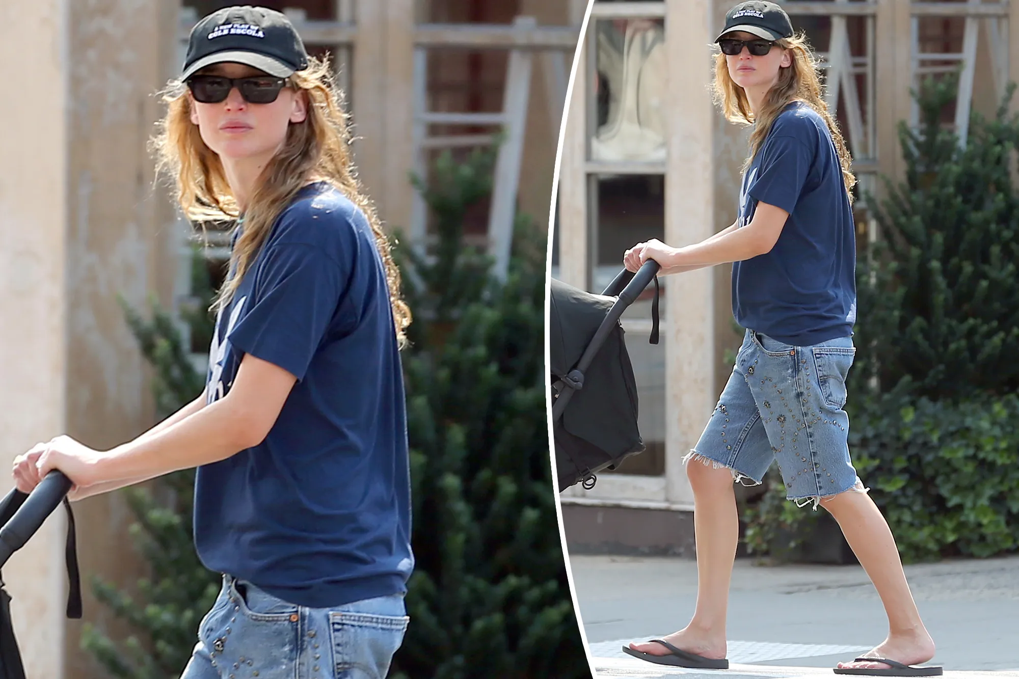 Jennifer Lawrence walking outdoors showcasing off-duty summer fashion